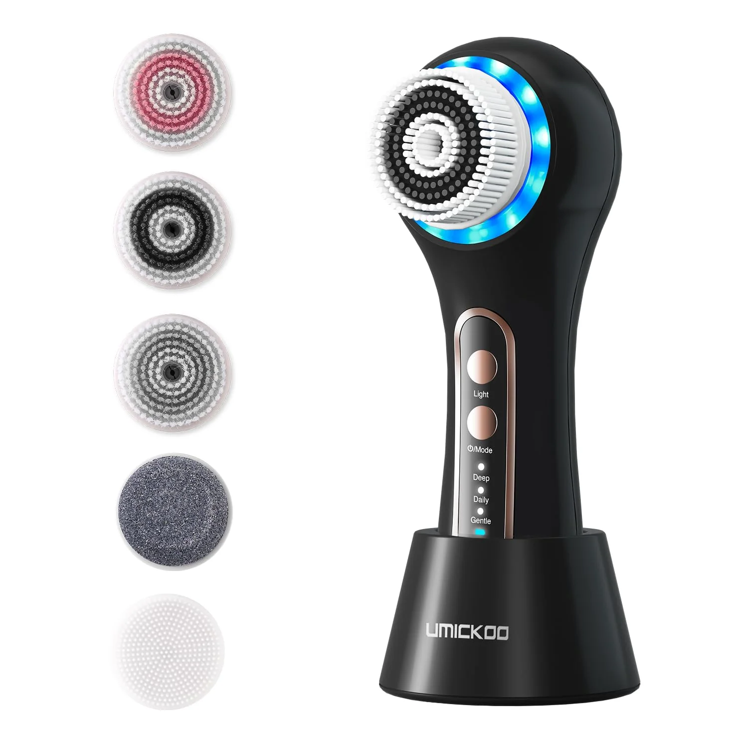 UMICKOO Face Scrubber Exfoliator,Facial Cleansing Brush Rechargeable IPX7 Waterproof with 5 Brush Heads,Electric Face Spin Brush for Exfoliating, Massaging and Deep Cleansing (Black+Gold) - Image 2
