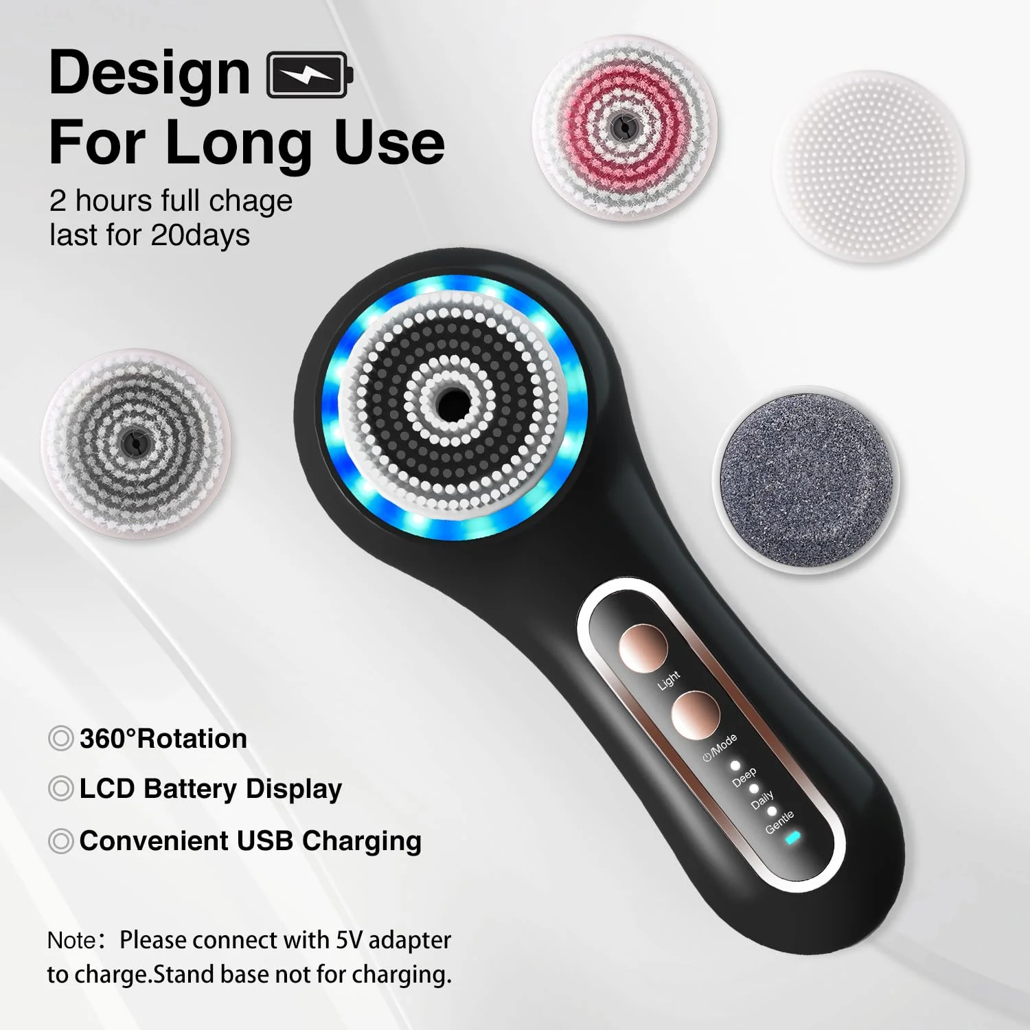 UMICKOO Face Scrubber Exfoliator,Facial Cleansing Brush Rechargeable IPX7 Waterproof with 5 Brush Heads,Electric Face Spin Brush for Exfoliating, Massaging and Deep Cleansing (Black+Gold) - Image 9
