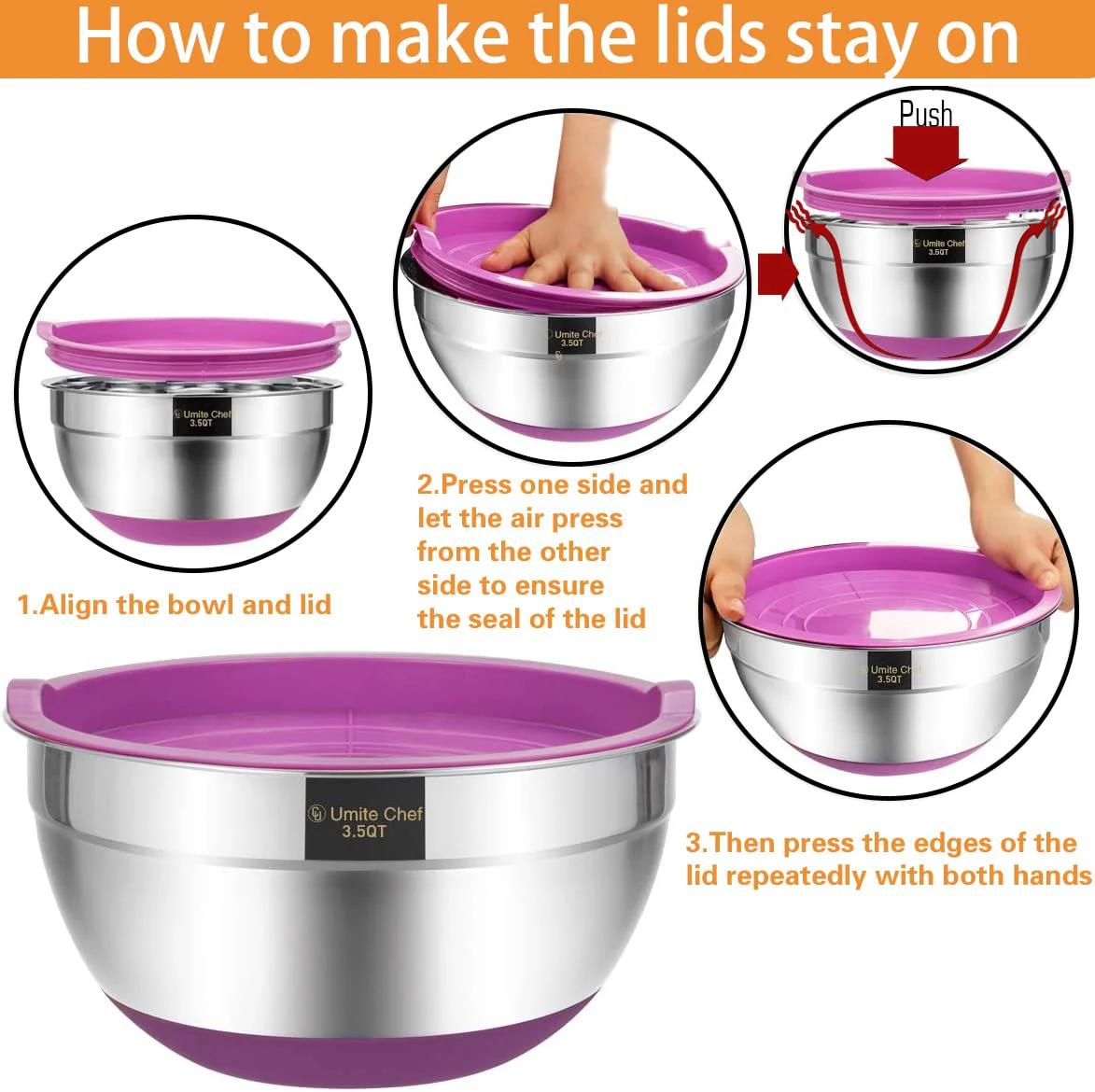 Umite Chef Mixing Bowls with Airtight Lids, 6 Piece Stainless Steel Metal Bowls, Measurement Marks & Colorful Non-Slip Bottoms Size 7, 3.5, 2.5, 2.0,1.5, 1QT, Great for Mixing & Serving - Image 2