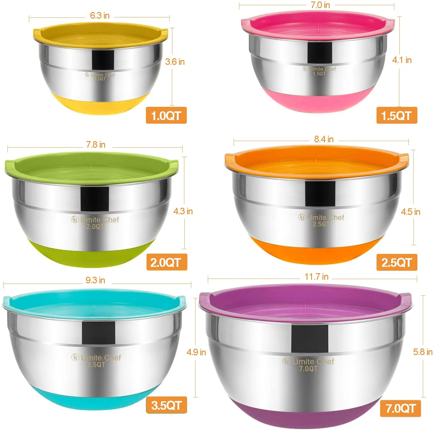 Umite Chef Mixing Bowls with Airtight Lids, 6 Piece Stainless Steel Metal Bowls, Measurement Marks & Colorful Non-Slip Bottoms Size 7, 3.5, 2.5, 2.0,1.5, 1QT, Great for Mixing & Serving - Image 3
