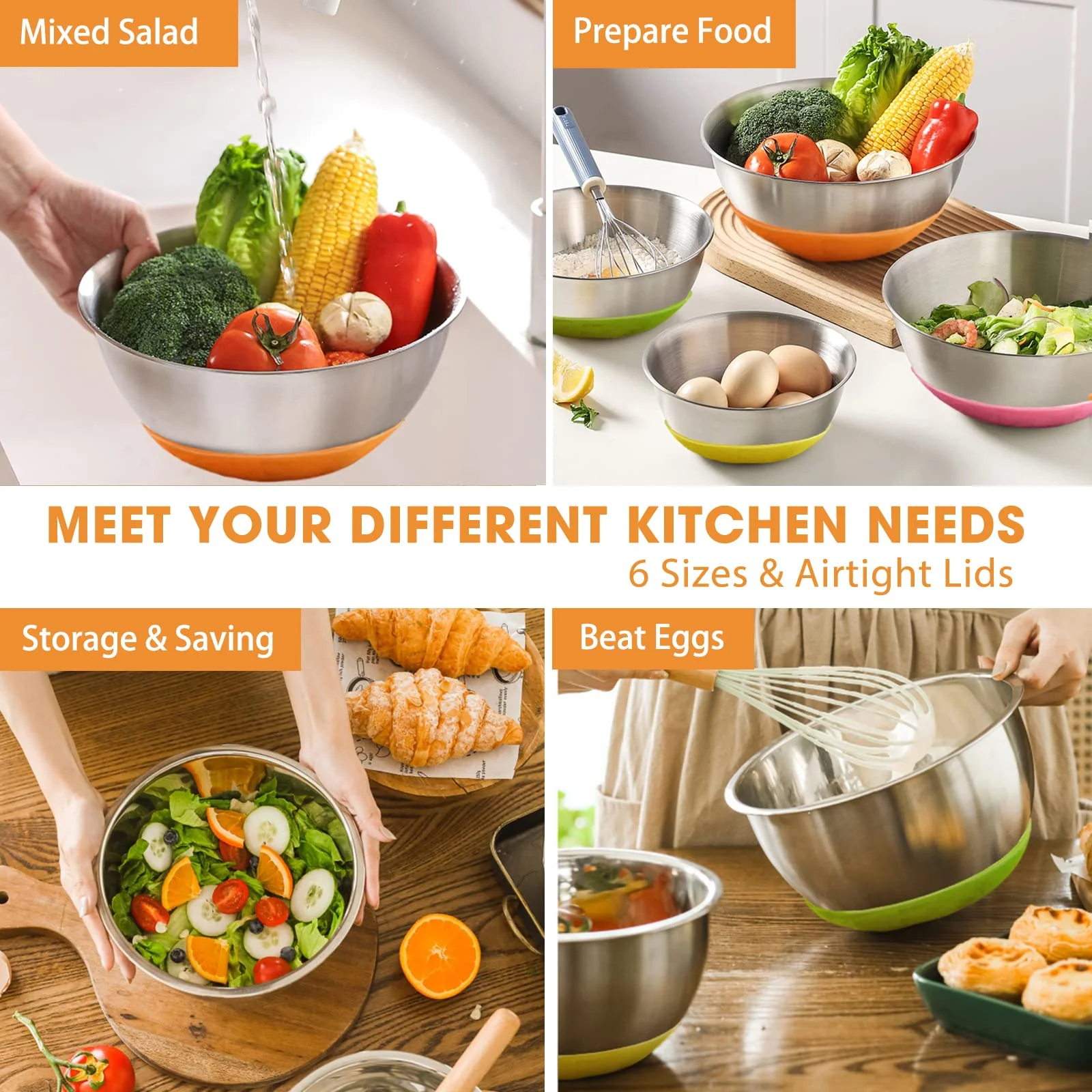 Umite Chef Mixing Bowls with Airtight Lids, 6 Piece Stainless Steel Metal Bowls, Measurement Marks & Colorful Non-Slip Bottoms Size 7, 3.5, 2.5, 2.0,1.5, 1QT, Great for Mixing & Serving - Image 4