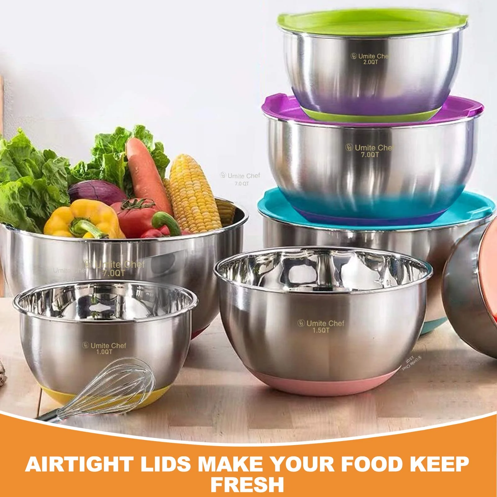 Umite Chef Mixing Bowls with Airtight Lids, 6 Piece Stainless Steel Metal Bowls, Measurement Marks & Colorful Non-Slip Bottoms Size 7, 3.5, 2.5, 2.0,1.5, 1QT, Great for Mixing & Serving - Image 5