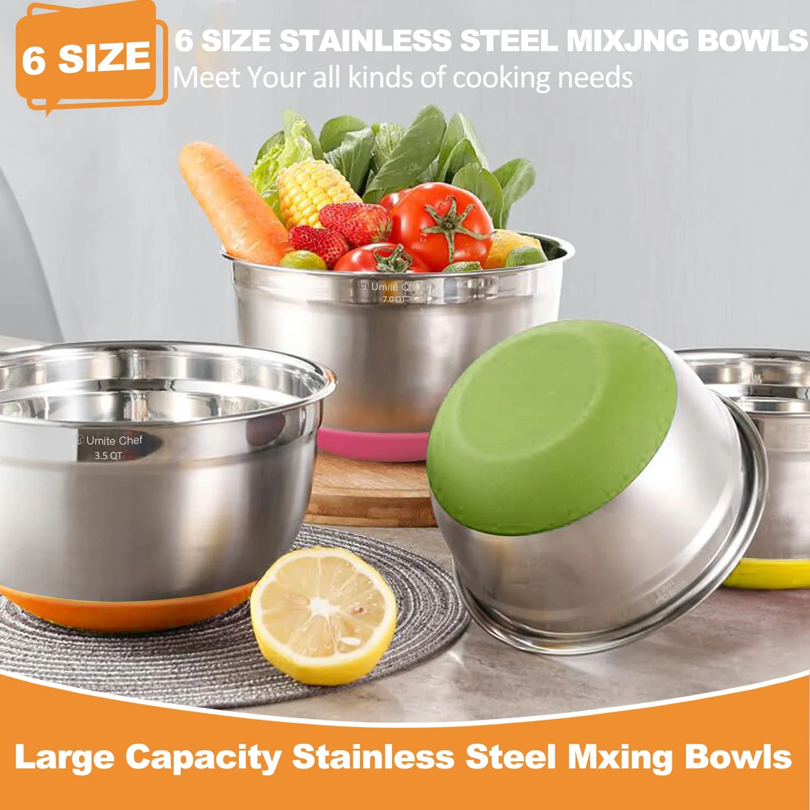 Umite Chef Mixing Bowls with Airtight Lids, 6 Piece Stainless Steel Metal Bowls, Measurement Marks & Colorful Non-Slip Bottoms Size 7, 3.5, 2.5, 2.0,1.5, 1QT, Great for Mixing & Serving - Image 6