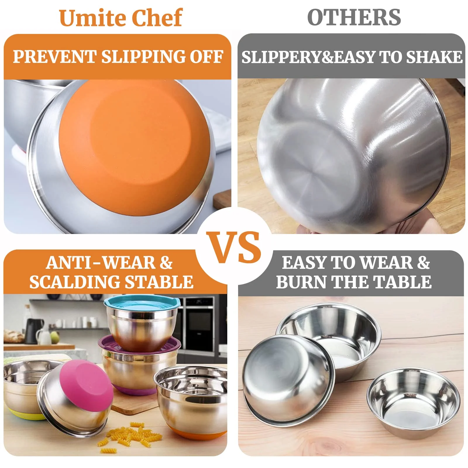 Umite Chef Mixing Bowls with Airtight Lids, 6 Piece Stainless Steel Metal Bowls, Measurement Marks & Colorful Non-Slip Bottoms Size 7, 3.5, 2.5, 2.0,1.5, 1QT, Great for Mixing & Serving - Image 7