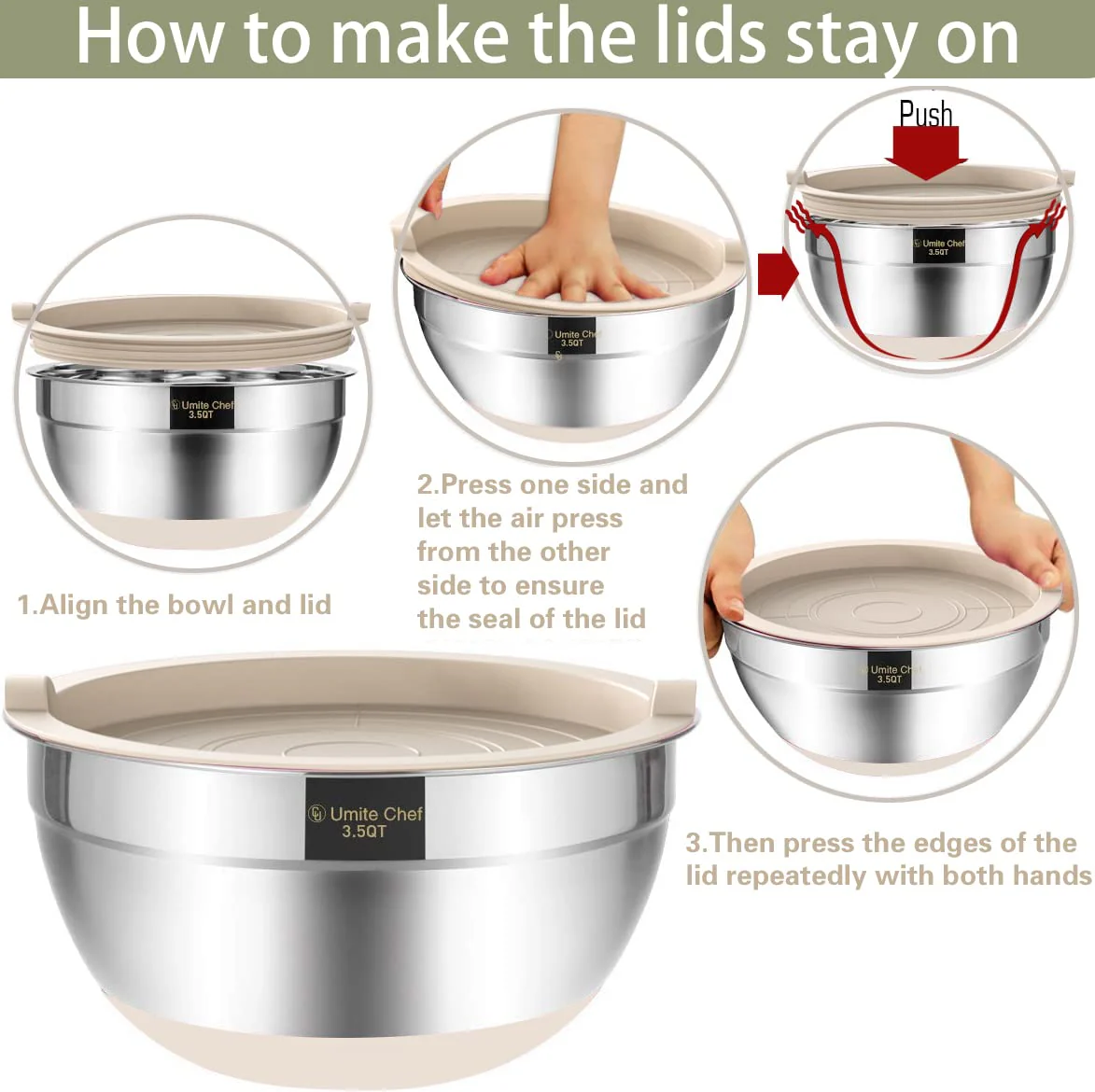 Umite Chef Mixing Bowls with Airtight Lids, 6 piece Stainless Steel Metal Nesting Storage Bowls, Non-Slip Bottoms Size 7, 3.5, 2.5, 2.0,1.5, 1QT, Great for Mixing & Serving (Khaki) - Image 3