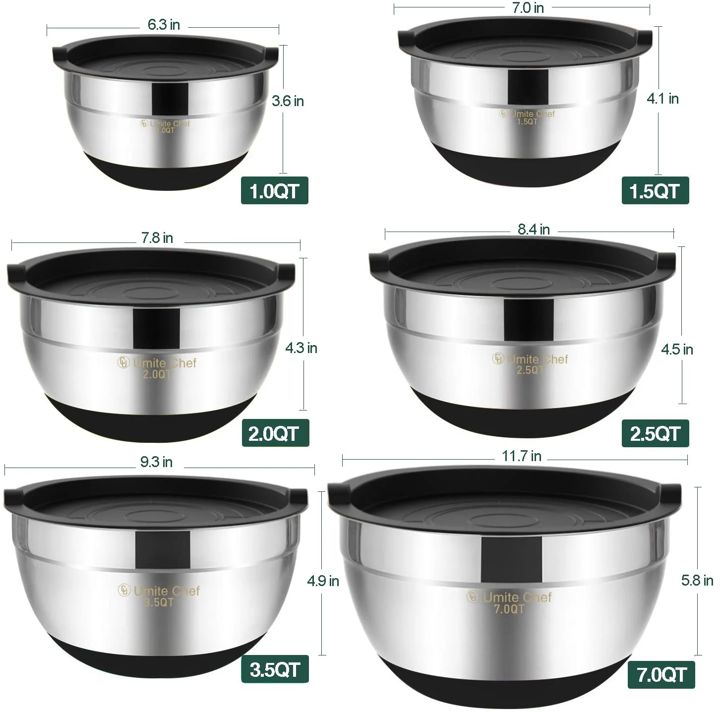 Umite Chef Mixing Bowls with Airtight Lids，6 piece Stainless Steel Metal Nesting Storage Bowls, Non-Slip Bottoms Size 7, 3.5, 2.5, 2.0,1.5, 1QT, Great for Mixing & Serving(Black) - Image 3