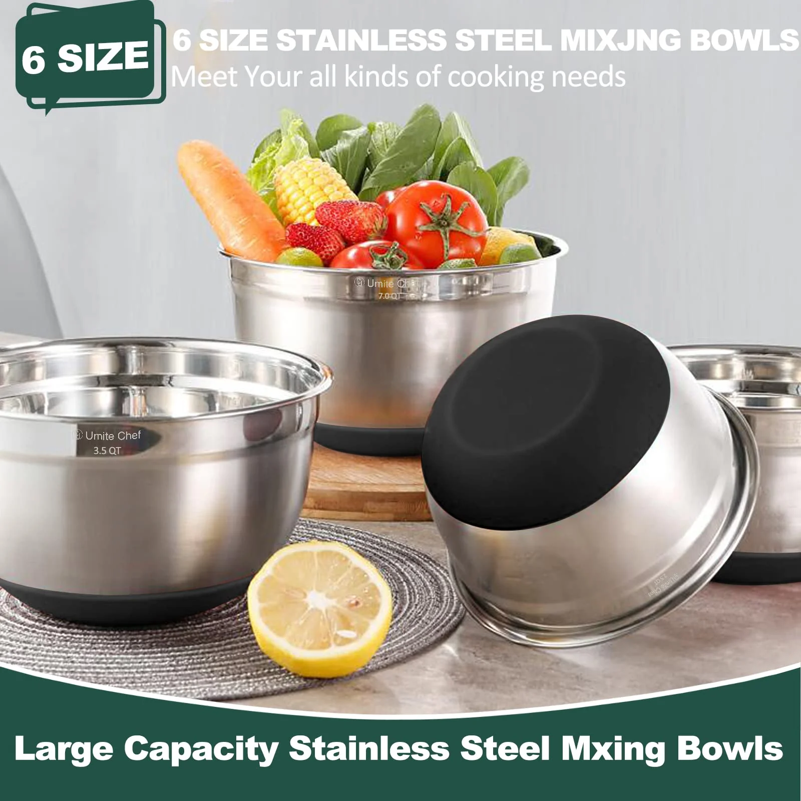 Umite Chef Mixing Bowls with Airtight Lids，6 piece Stainless Steel Metal Nesting Storage Bowls, Non-Slip Bottoms Size 7, 3.5, 2.5, 2.0,1.5, 1QT, Great for Mixing & Serving(Black) - Image 5