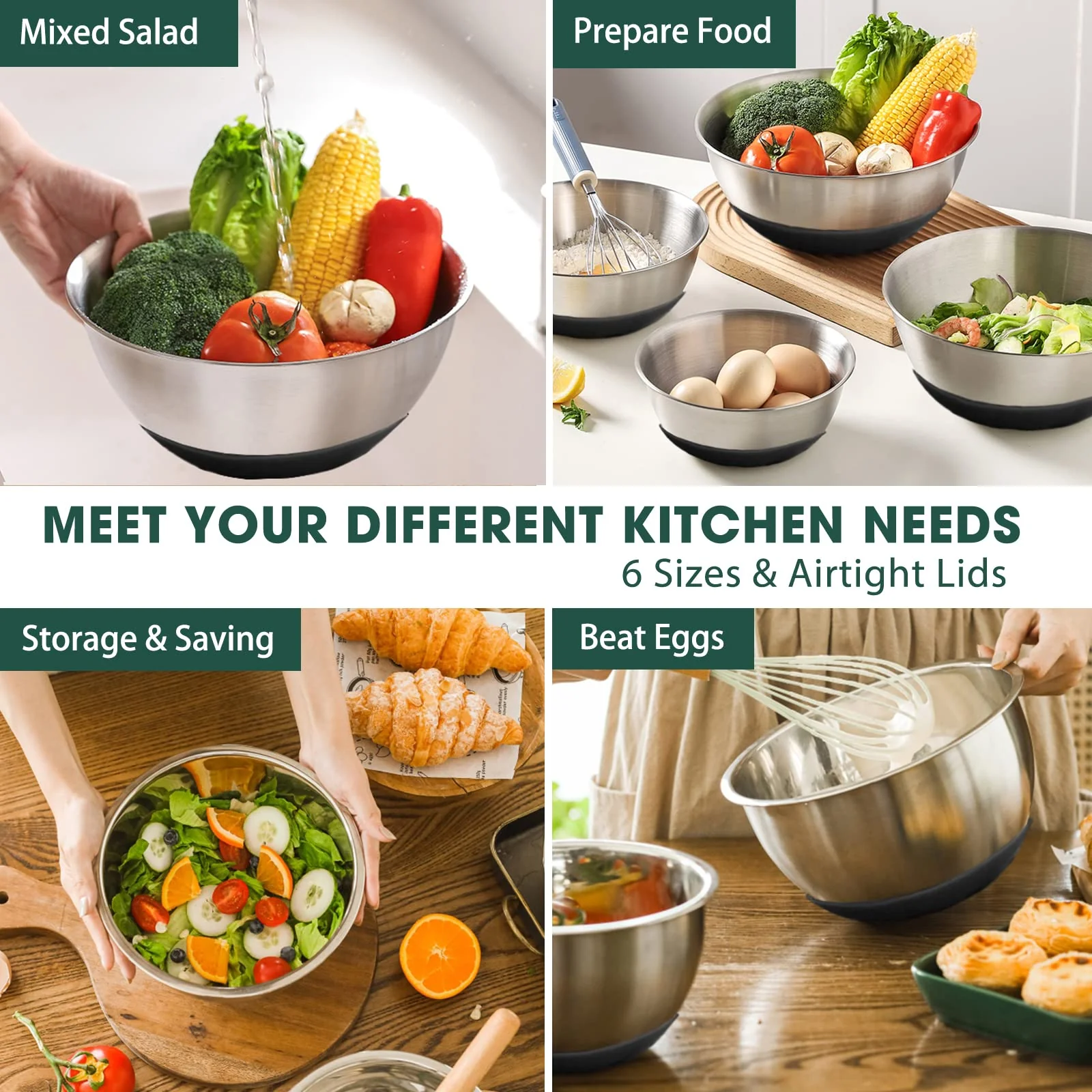 Umite Chef Mixing Bowls with Airtight Lids，6 piece Stainless Steel Metal Nesting Storage Bowls, Non-Slip Bottoms Size 7, 3.5, 2.5, 2.0,1.5, 1QT, Great for Mixing & Serving(Black) - Image 6