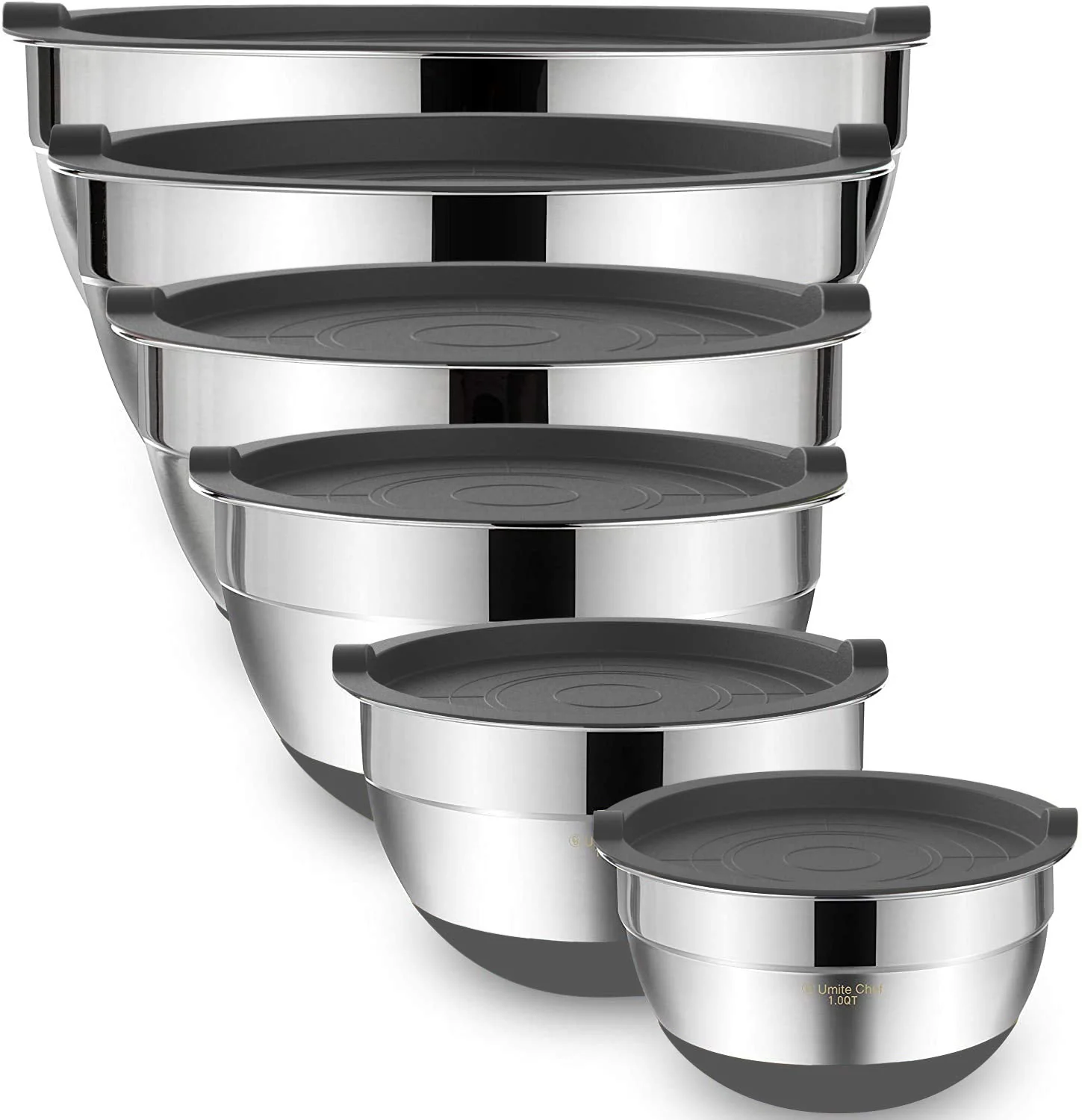 Umite Chef Mixing Bowls with Airtight Lids,6 piece Stainless Steel Metal Nesting Storage Bowls, Non-Slip Bottoms Size 7, 3.5, 2.5, 2.0,1.5, 1QT, Great for Mixing & Serving(Grey)