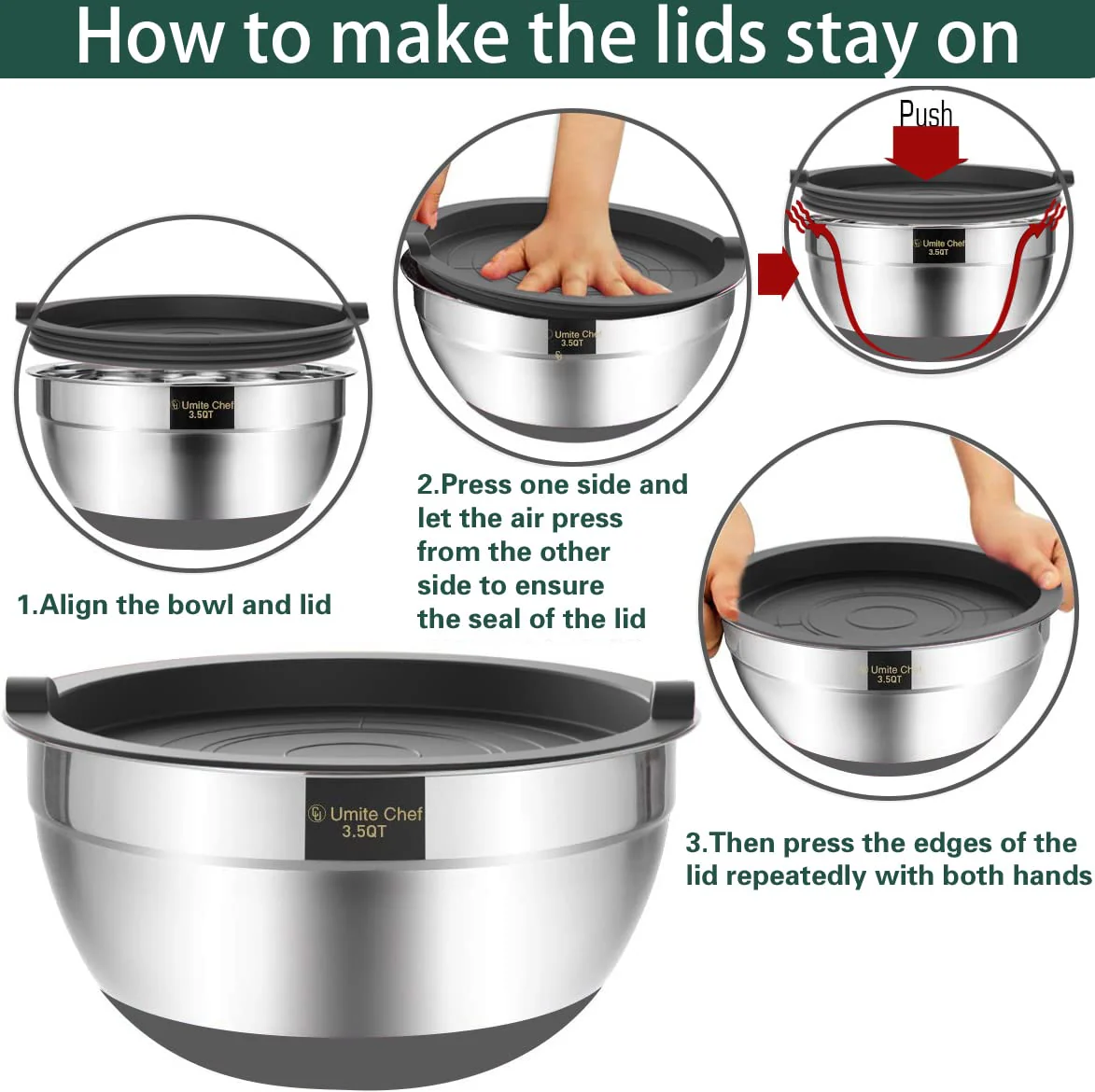 Umite Chef Mixing Bowls with Airtight Lids,6 piece Stainless Steel Metal Nesting Storage Bowls, Non-Slip Bottoms Size 7, 3.5, 2.5, 2.0,1.5, 1QT, Great for Mixing & Serving(Grey) - Image 3