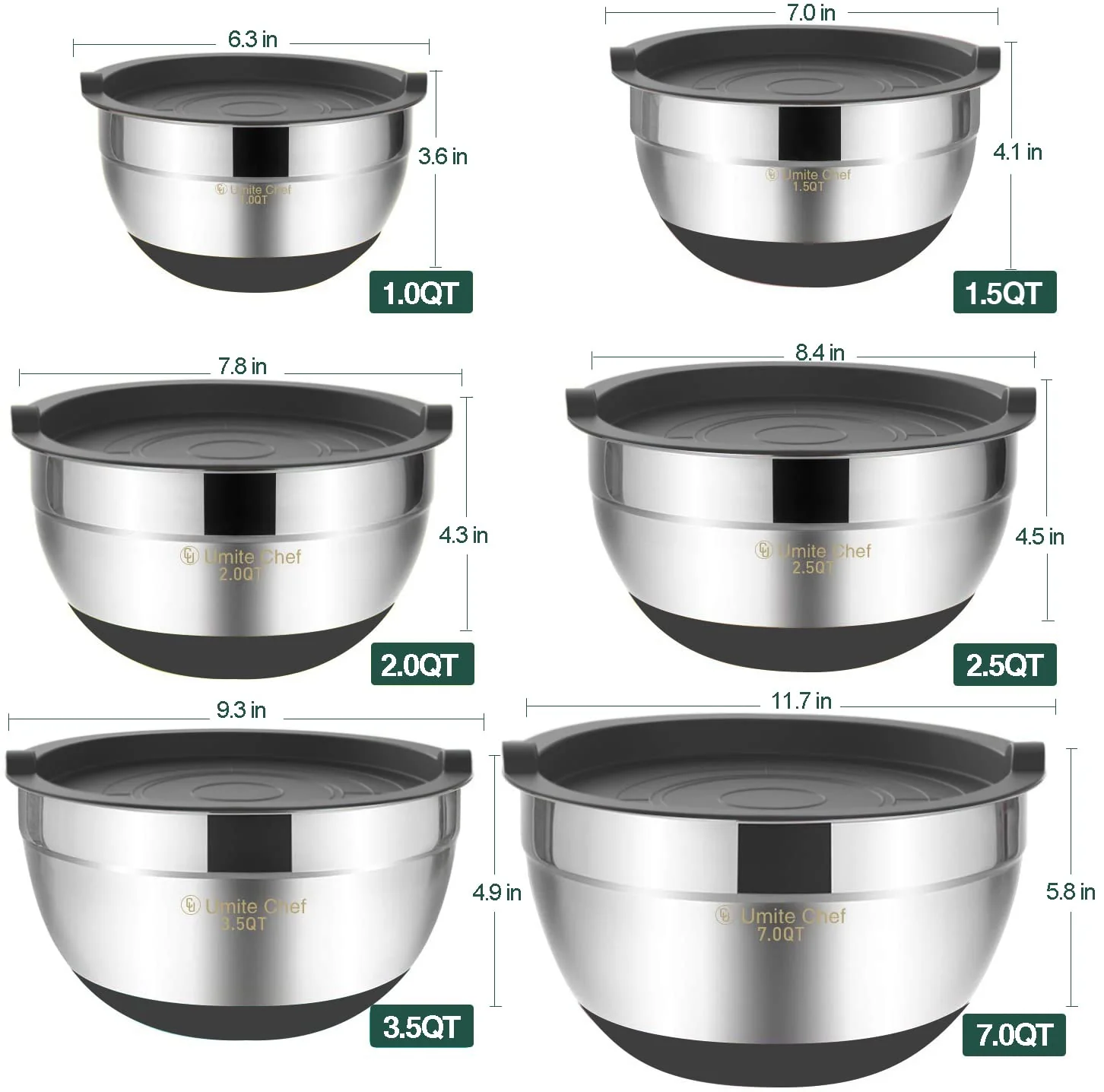 Umite Chef Mixing Bowls with Airtight Lids,6 piece Stainless Steel Metal Nesting Storage Bowls, Non-Slip Bottoms Size 7, 3.5, 2.5, 2.0,1.5, 1QT, Great for Mixing & Serving(Grey) - Image 4