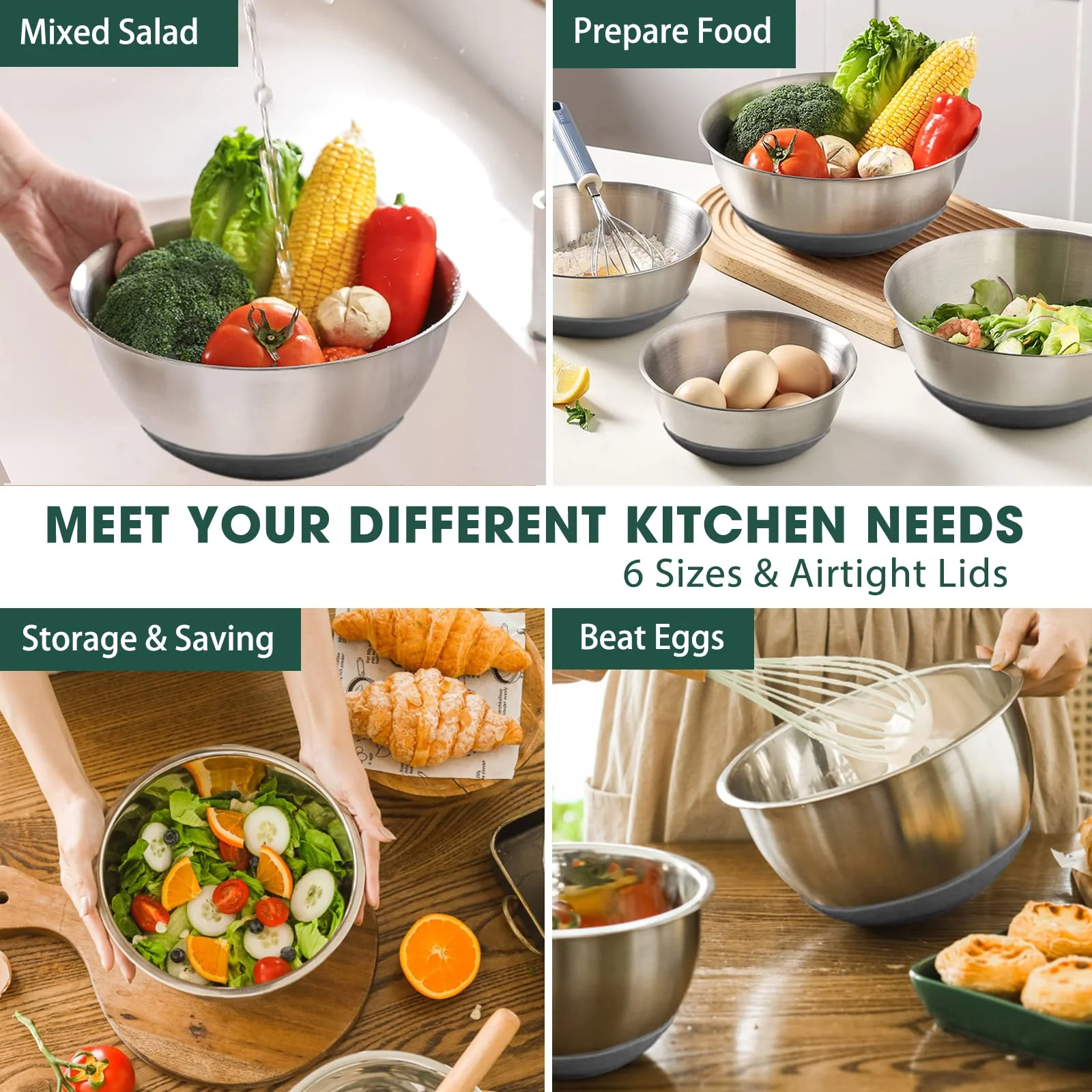 Umite Chef Mixing Bowls with Airtight Lids,6 piece Stainless Steel Metal Nesting Storage Bowls, Non-Slip Bottoms Size 7, 3.5, 2.5, 2.0,1.5, 1QT, Great for Mixing & Serving(Grey) - Image 5