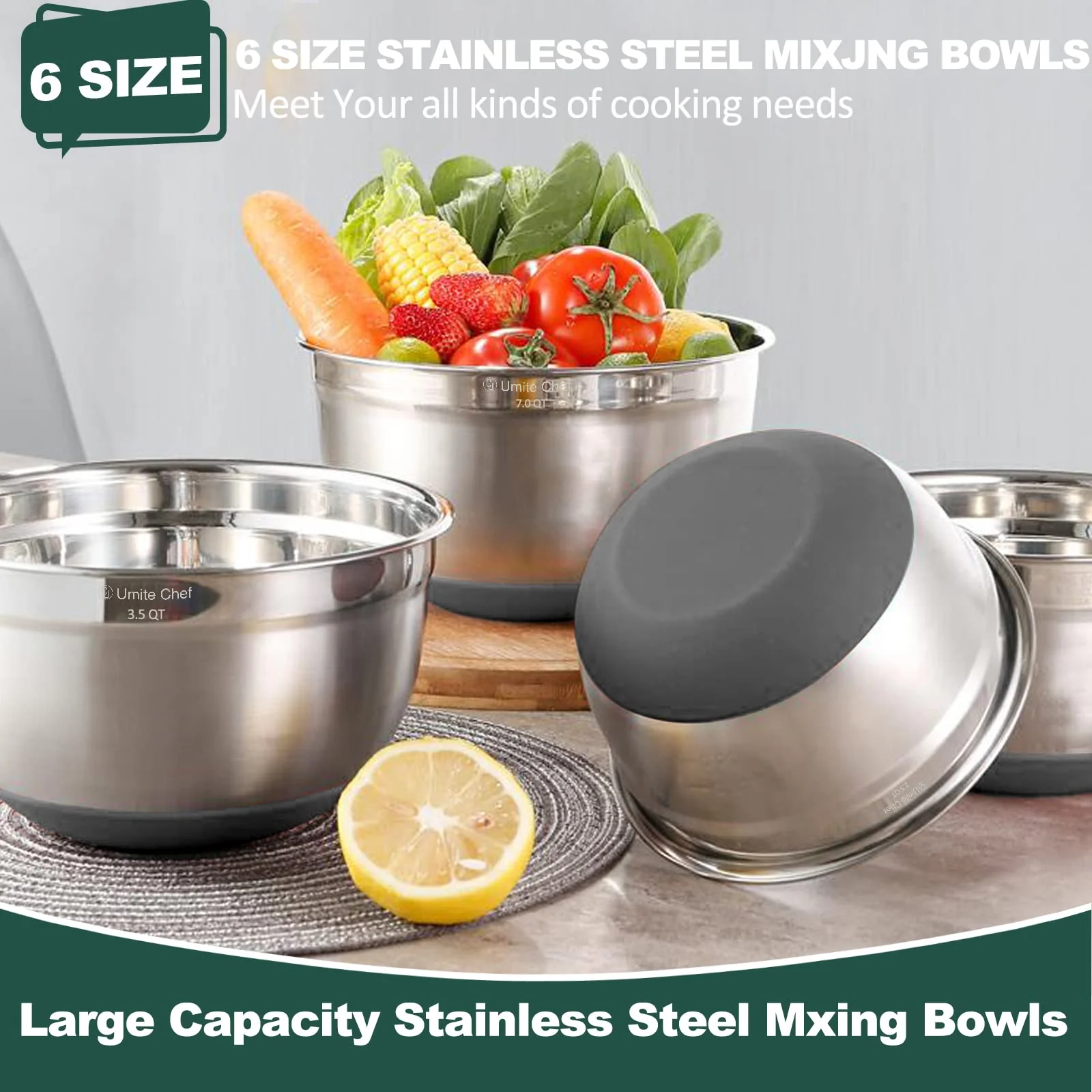 Umite Chef Mixing Bowls with Airtight Lids,6 piece Stainless Steel Metal Nesting Storage Bowls, Non-Slip Bottoms Size 7, 3.5, 2.5, 2.0,1.5, 1QT, Great for Mixing & Serving(Grey) - Image 7