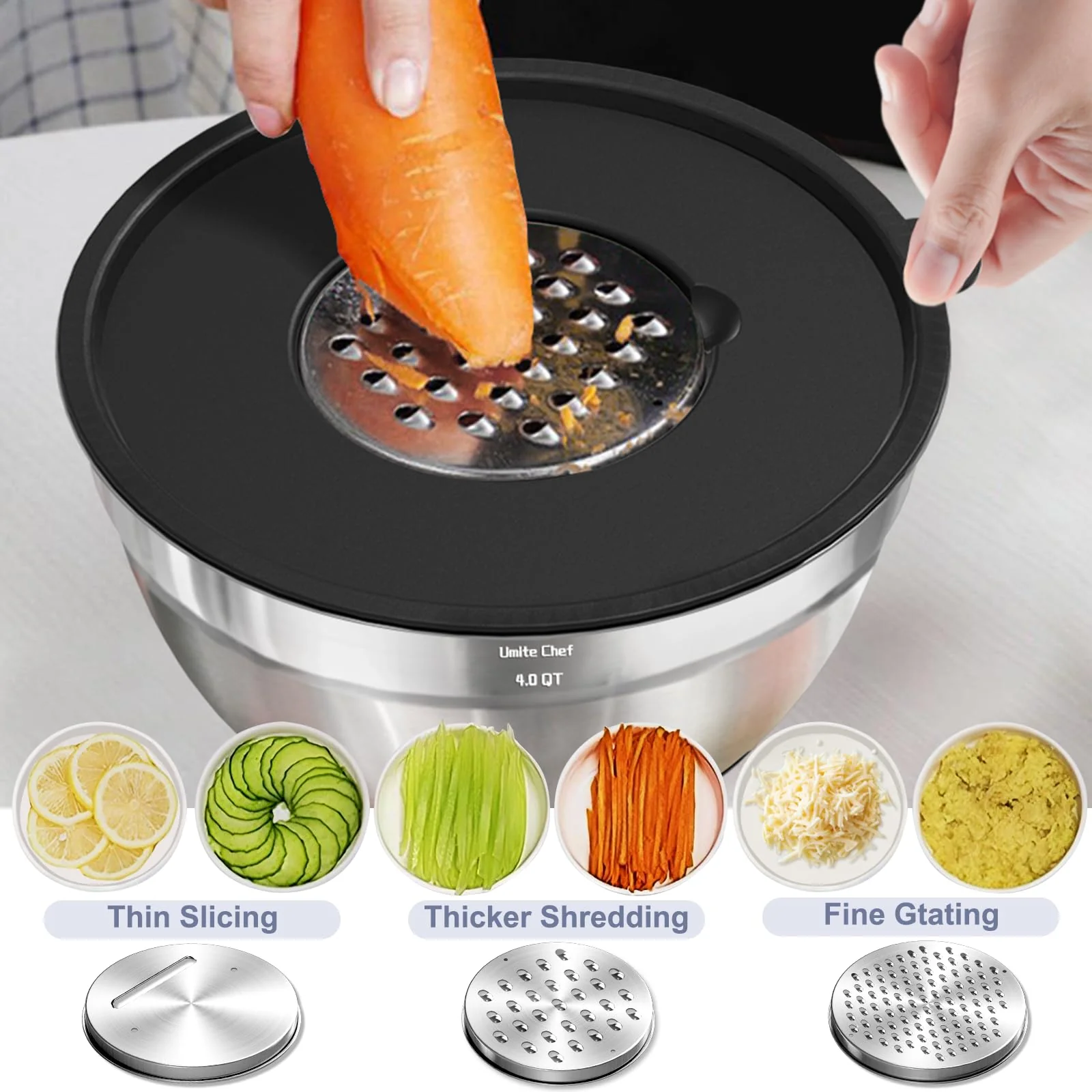 Umite Chef Mixing Bowls with Airtight Lids, 8PCS Stainless Steel Nesting Mixing Bowls Set, 3 Grater Attachments & Non-Slip Bottoms, Black Kitchen Bowls, Size 5, 4, 3.5, 2, 1.5QT for Baking & Serving - Image 2