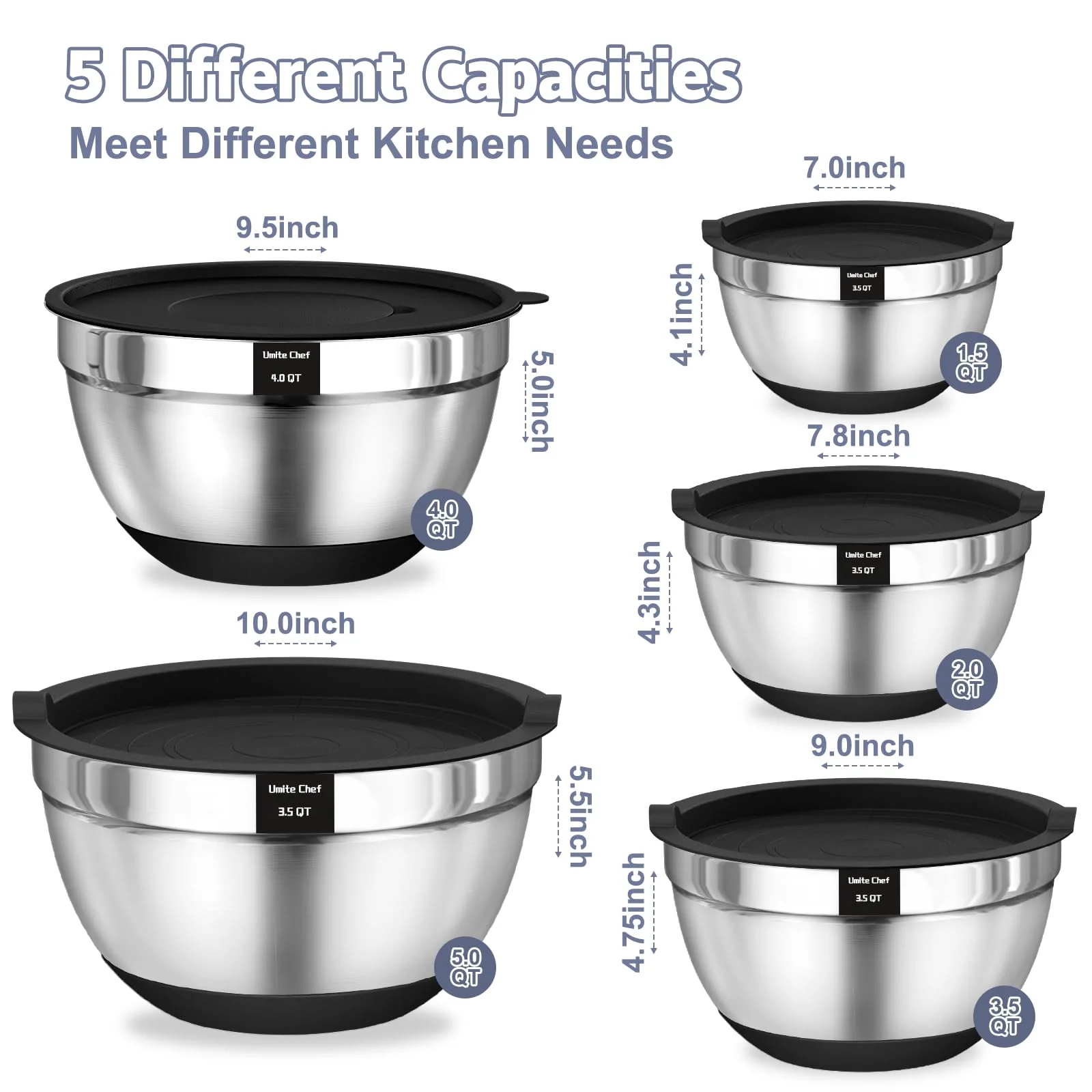 Umite Chef Mixing Bowls with Airtight Lids, 8PCS Stainless Steel Nesting Mixing Bowls Set, 3 Grater Attachments & Non-Slip Bottoms, Black Kitchen Bowls, Size 5, 4, 3.5, 2, 1.5QT for Baking & Serving - Image 6