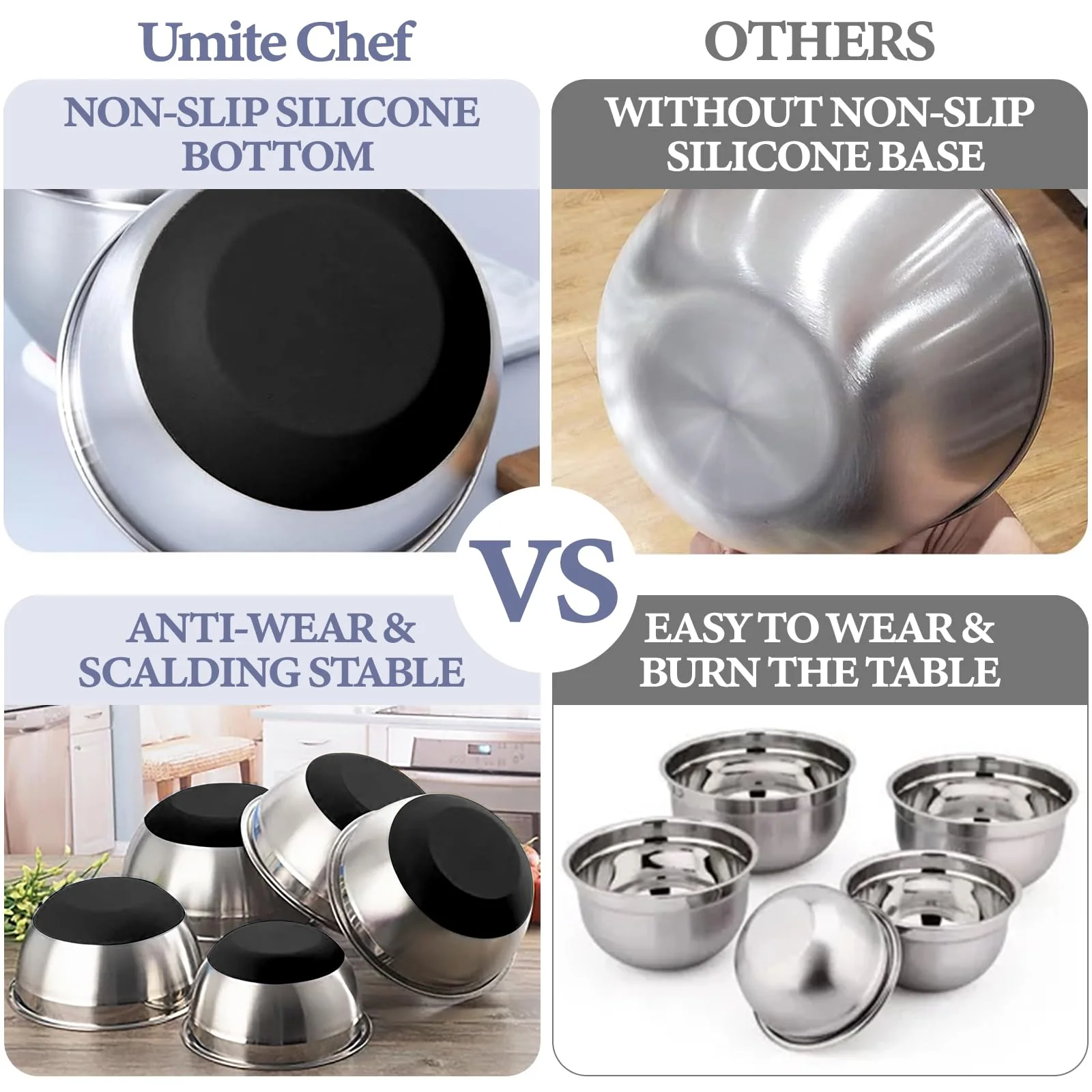 Umite Chef Mixing Bowls with Airtight Lids, 8PCS Stainless Steel Nesting Mixing Bowls Set, 3 Grater Attachments & Non-Slip Bottoms, Black Kitchen Bowls, Size 5, 4, 3.5, 2, 1.5QT for Baking & Serving - Image 8