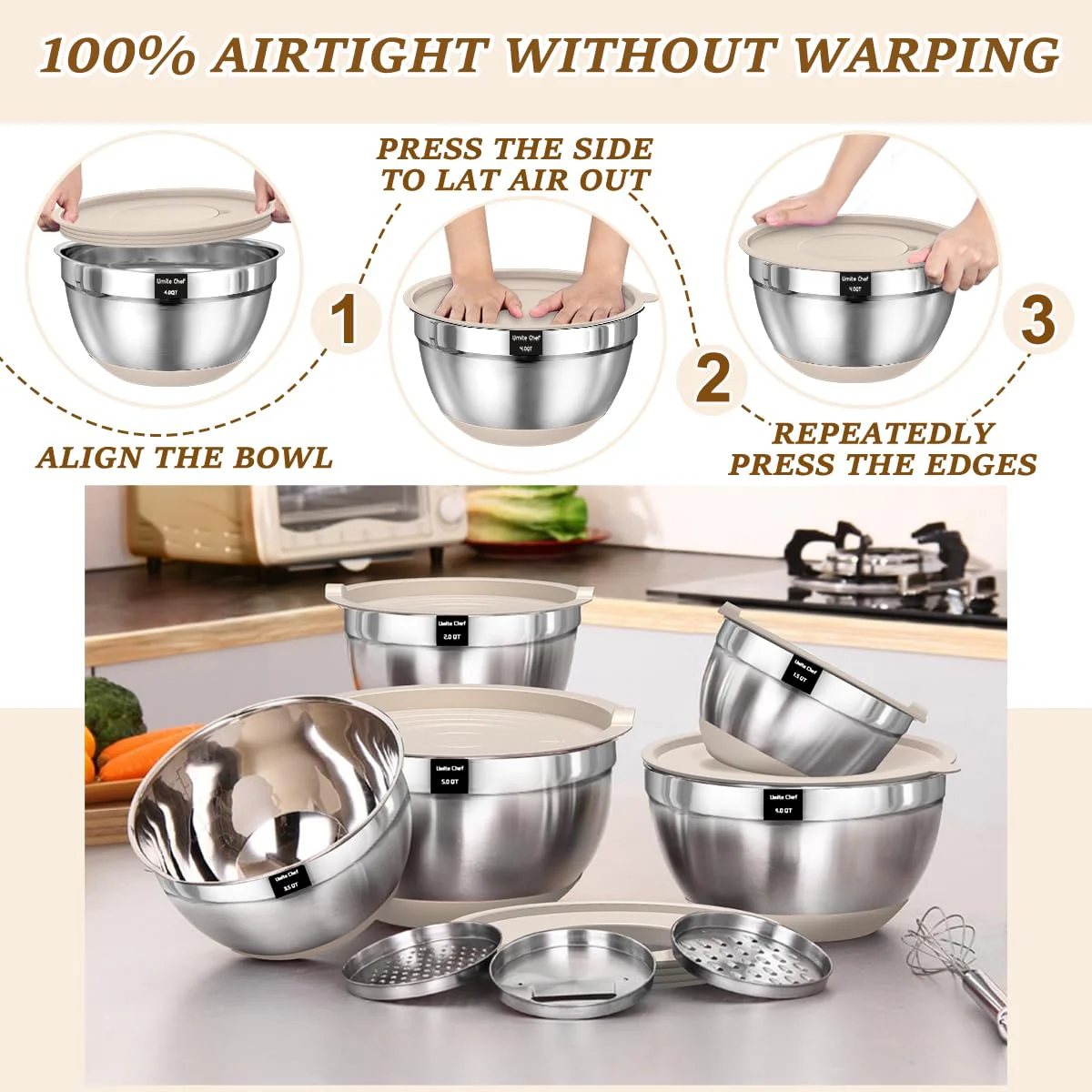 Umite Chef Mixing Bowls with Airtight Lids Set, 8PCS Stainless Steel Khaki Nesting Bowls with Grater Attachments, Kitchen Bowls with Non-Slip Bottoms, Size 5, 4, 3.5, 2, 1.5QT for Mixing & Serving - Image 3