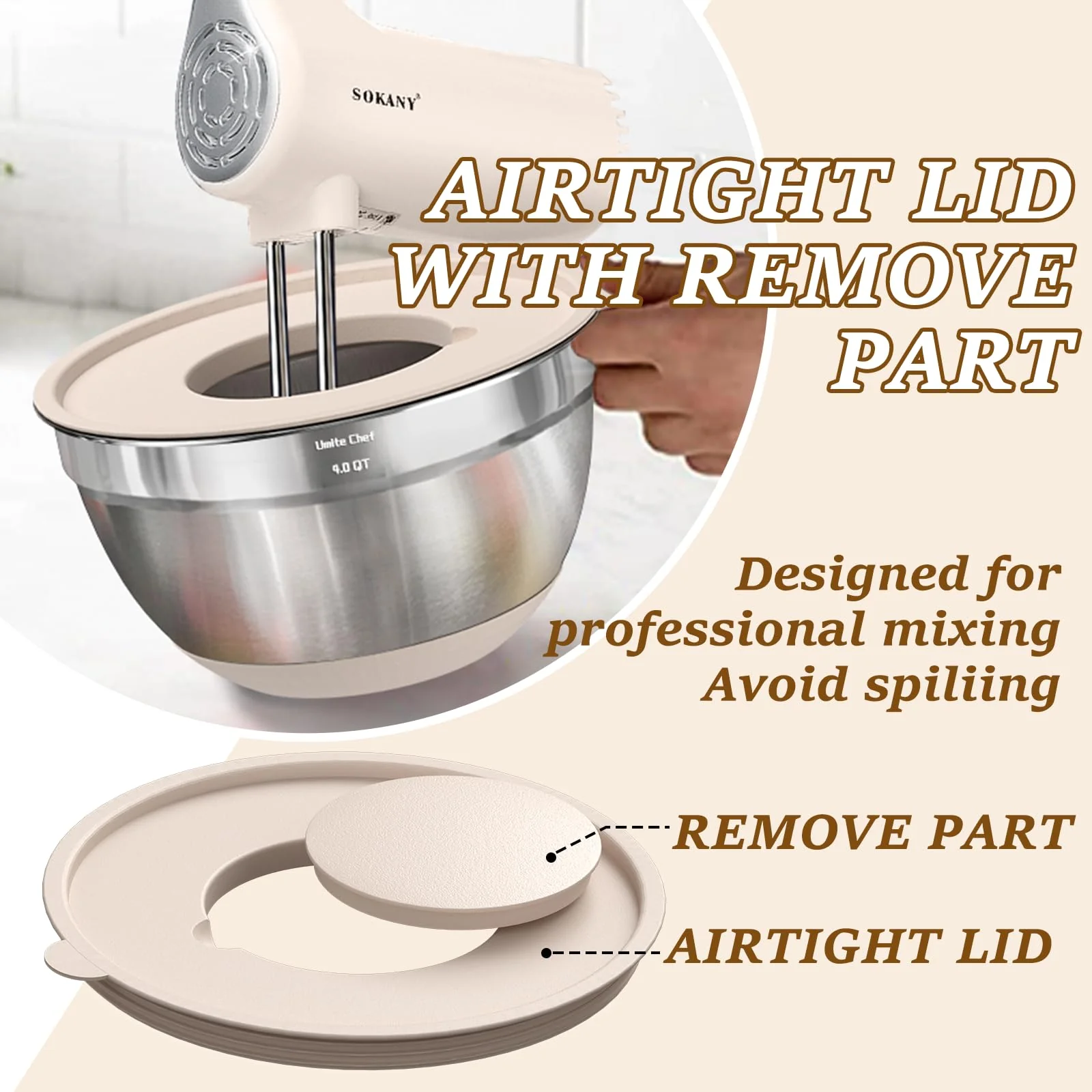 Umite Chef Mixing Bowls with Airtight Lids Set, 8PCS Stainless Steel Khaki Nesting Bowls with Grater Attachments, Kitchen Bowls with Non-Slip Bottoms, Size 5, 4, 3.5, 2, 1.5QT for Mixing & Serving - Image 4