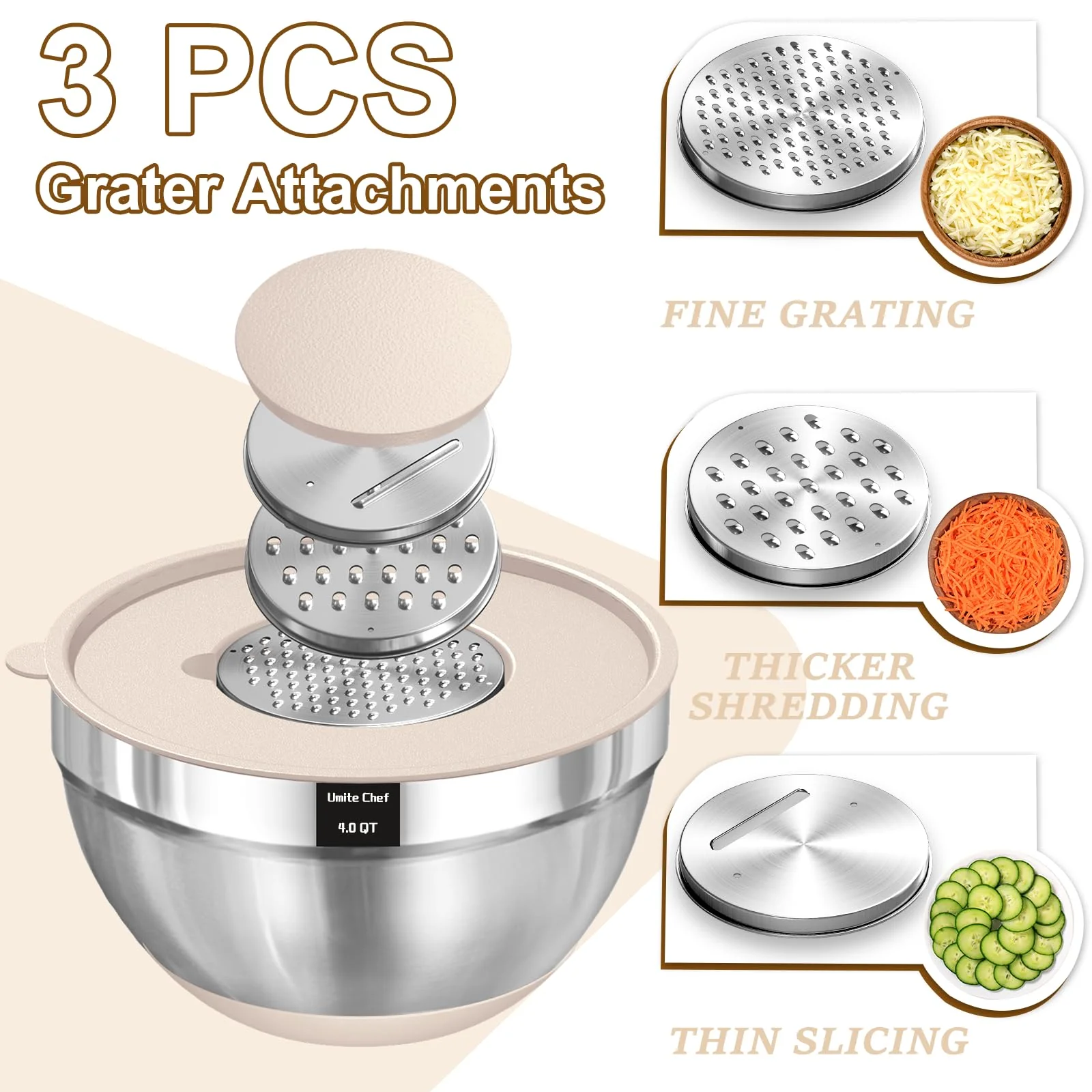 Umite Chef Mixing Bowls with Airtight Lids Set, 8PCS Stainless Steel Khaki Nesting Bowls with Grater Attachments, Kitchen Bowls with Non-Slip Bottoms, Size 5, 4, 3.5, 2, 1.5QT for Mixing & Serving - Image 7