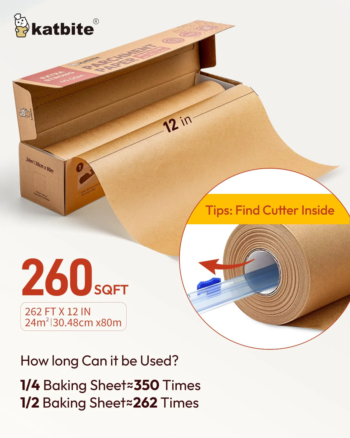 Unbleached Parchment Paper Roll for Baking 12in x 262ft, 260 Sq.Ft, Heavy Duty & Non-stick Baking Paper with Slide Cutter, Brown Parchment Paper for Cooking, Air Fryer, Steaming, Bread - Image 7