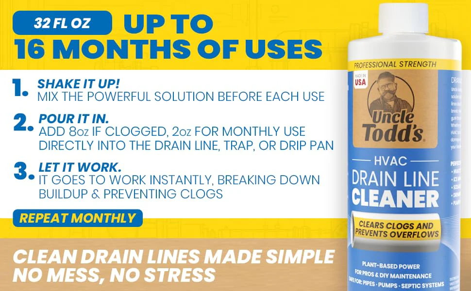 Uncle Todd's HVAC Drain Line Cleaner – 16 Months Supply Bleach-Free, Fast-Acting, Long-Lasting AC Drain Line Solution for Tough Clogs & Buildup - Image 2