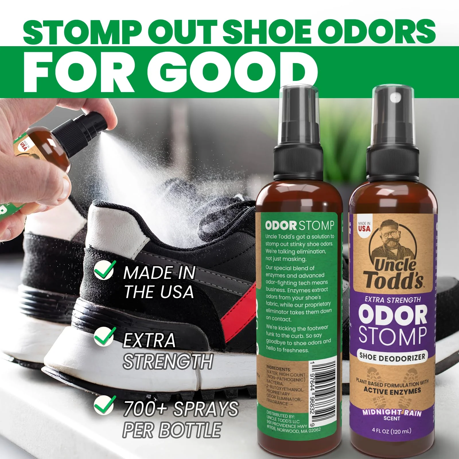 Uncle Todd's Odor Stomp Shoe Deodorizer 2-Pack - Proven & Powerful Enzyme Shoe Spray for Odor Elimination in All Footwear - Image 2