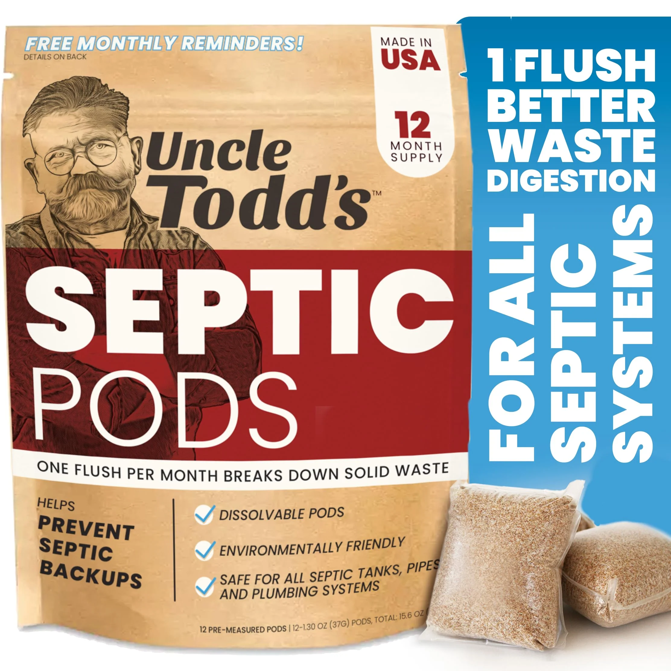 Uncle Todd's Septic Tank Treatment Pods - (12-Month Supply) - Powerful Enzyme & Live Bacteria Formula to Prevent Backups & Odor, Dissolvable Pods Safe for All Septic Systems
