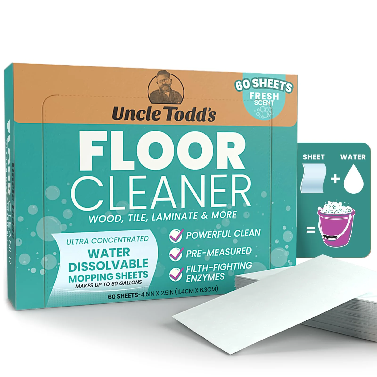 Uncle Todd's Ultra Concentrated Floor Cleaner For Mopping: 60 Natural, 100% Dissolvable Sheets for Mopping – Hardwood & Wood Floor Cleaner with Filth-Fighting Enzymes, Plastic-Free Packaging