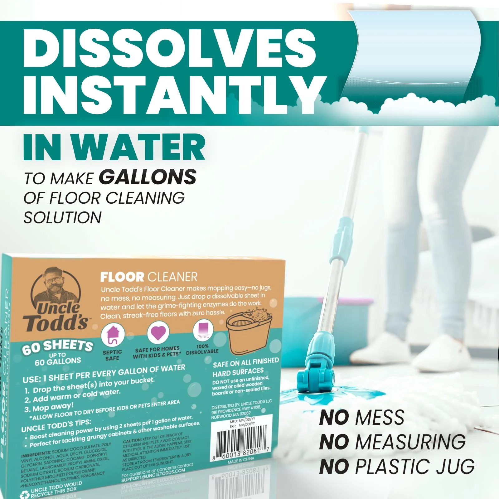 Uncle Todd's Ultra Concentrated Floor Cleaner For Mopping: 60 Natural, 100% Dissolvable Sheets for Mopping – Hardwood & Wood Floor Cleaner with Filth-Fighting Enzymes, Plastic-Free Packaging - Image 6