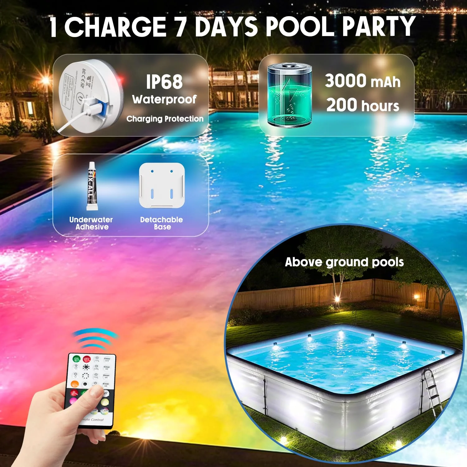 Underwater Pool Lights for Above Ground and Inground Swimming Pools with Remote Timer Off, Magnetic RGB Submersible LED Lights Rechargeable Spotlight 16 Colors 9-mode for Hot Tubs, Fountain -2Pack - Image 8