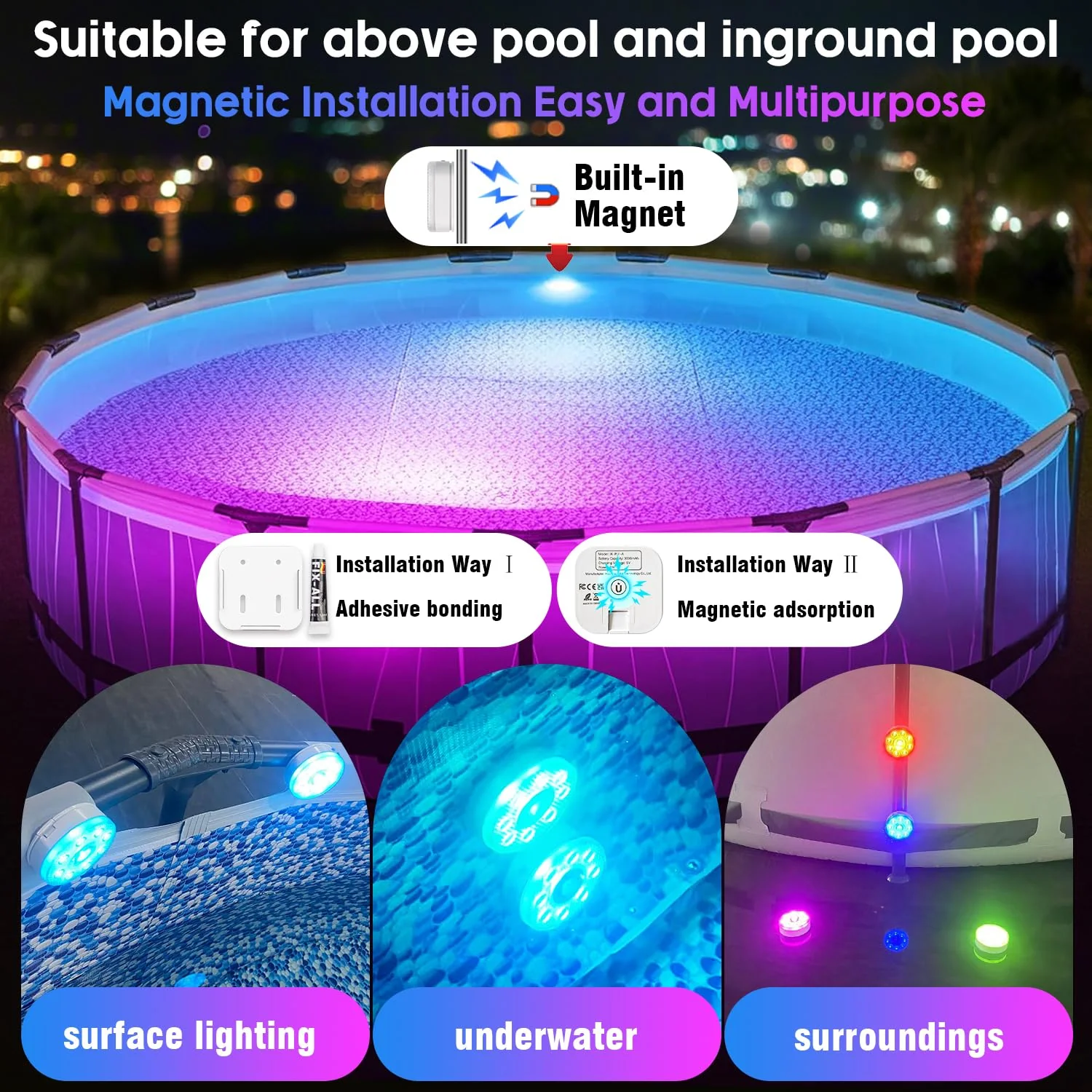Underwater Pool Lights for Above Ground and Inground Swimming Pools with Remote Timer Off, Magnetic RGB Submersible LED Lights Rechargeable Spotlight 16 Colors 9-mode for Hot Tubs, Fountain -2Pack - Image 9