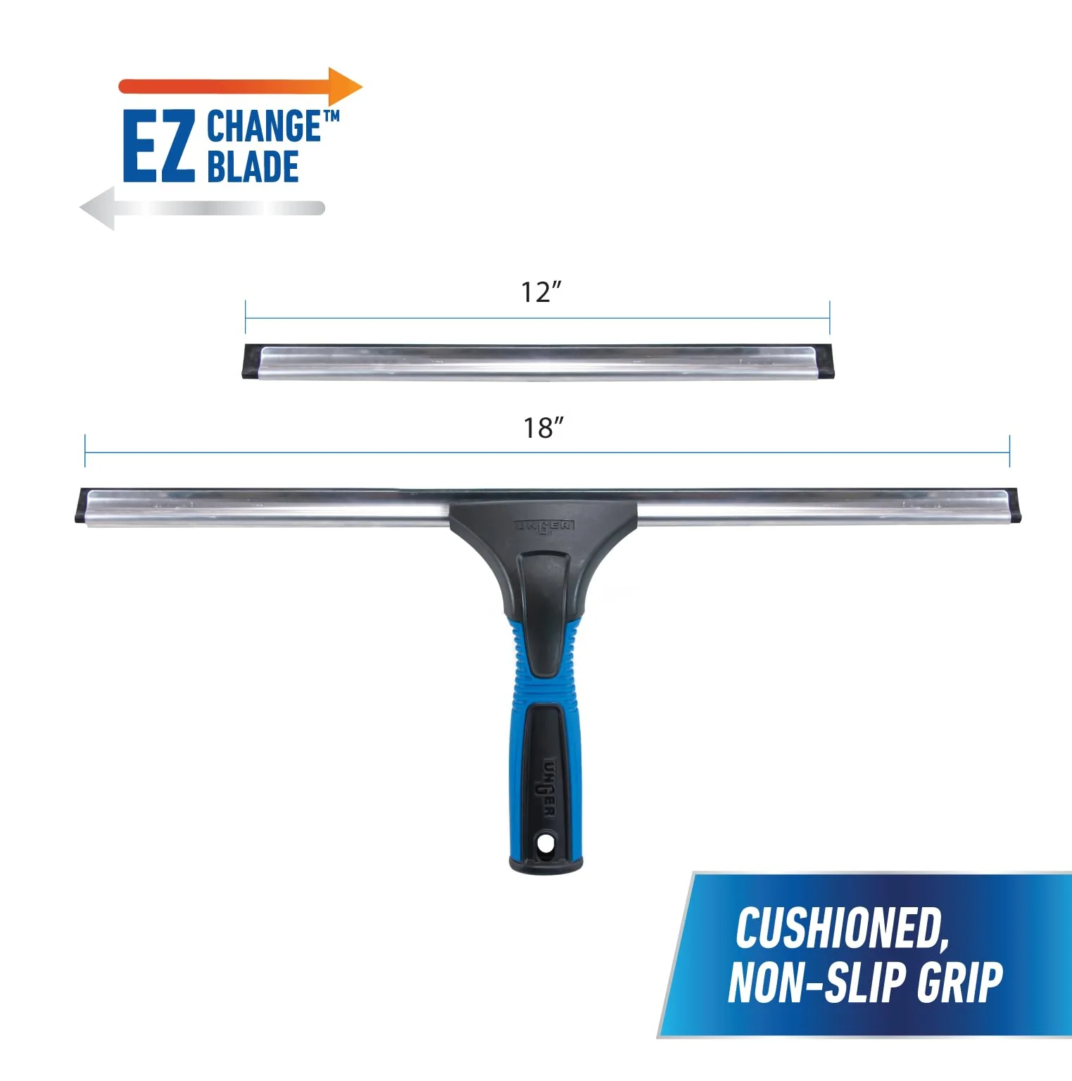 Unger Professional Connect and Clean 18” EZ Change Window and Glass Cleaning Squeegee, Large and Small Windows, Rubber Blade Tool for Streak-Free Results, Includes 12” Channel - Image 2