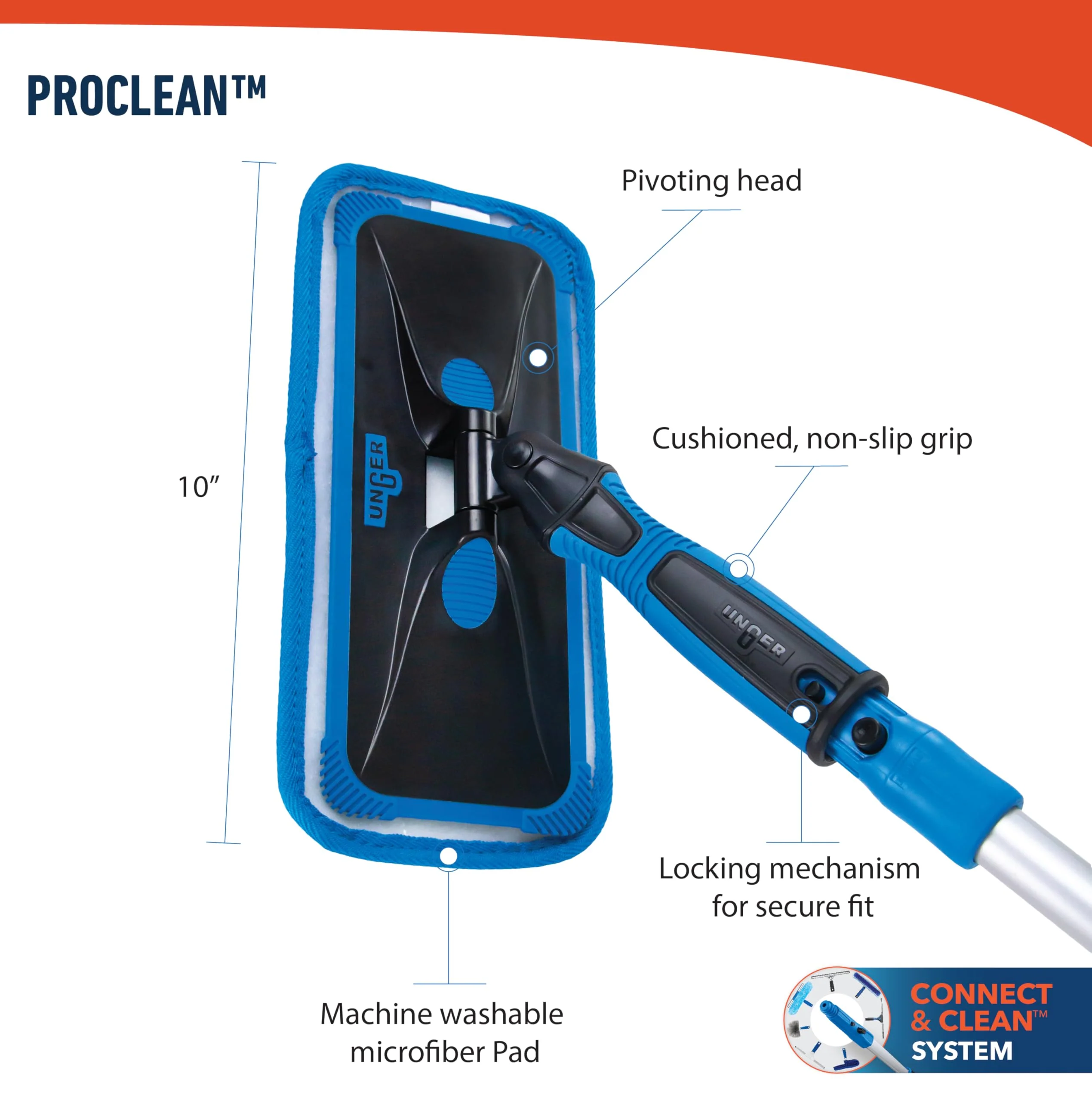 Unger Professional Indoor Window Cleaning Kit with 2' Pole — Swivel Head Pad Washer for Glass, Mirrors & Flat Surfaces, Streak-Free Results, 2 Reusable Microfiber Pads, Wet or Dry Use - Image 6