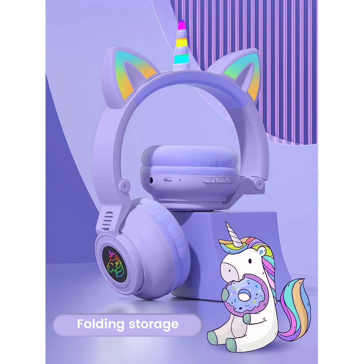 Unicorn Kids' Bluetooth Headphones,Foldable Wireless Headphones for Children with Cable and Microphone Earphones Volume Control,Unicorn-Inspired Gift Design for Birthday Gift & Christmas (purple) - Image 3