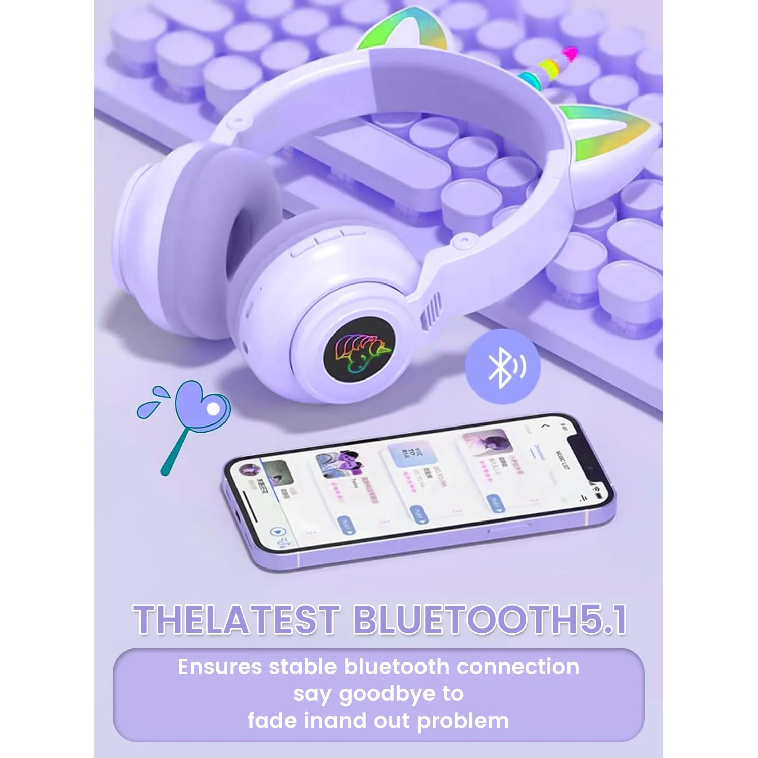 Unicorn Kids' Bluetooth Headphones,Foldable Wireless Headphones for Children with Cable and Microphone Earphones Volume Control,Unicorn-Inspired Gift Design for Birthday Gift & Christmas (purple) - Image 4
