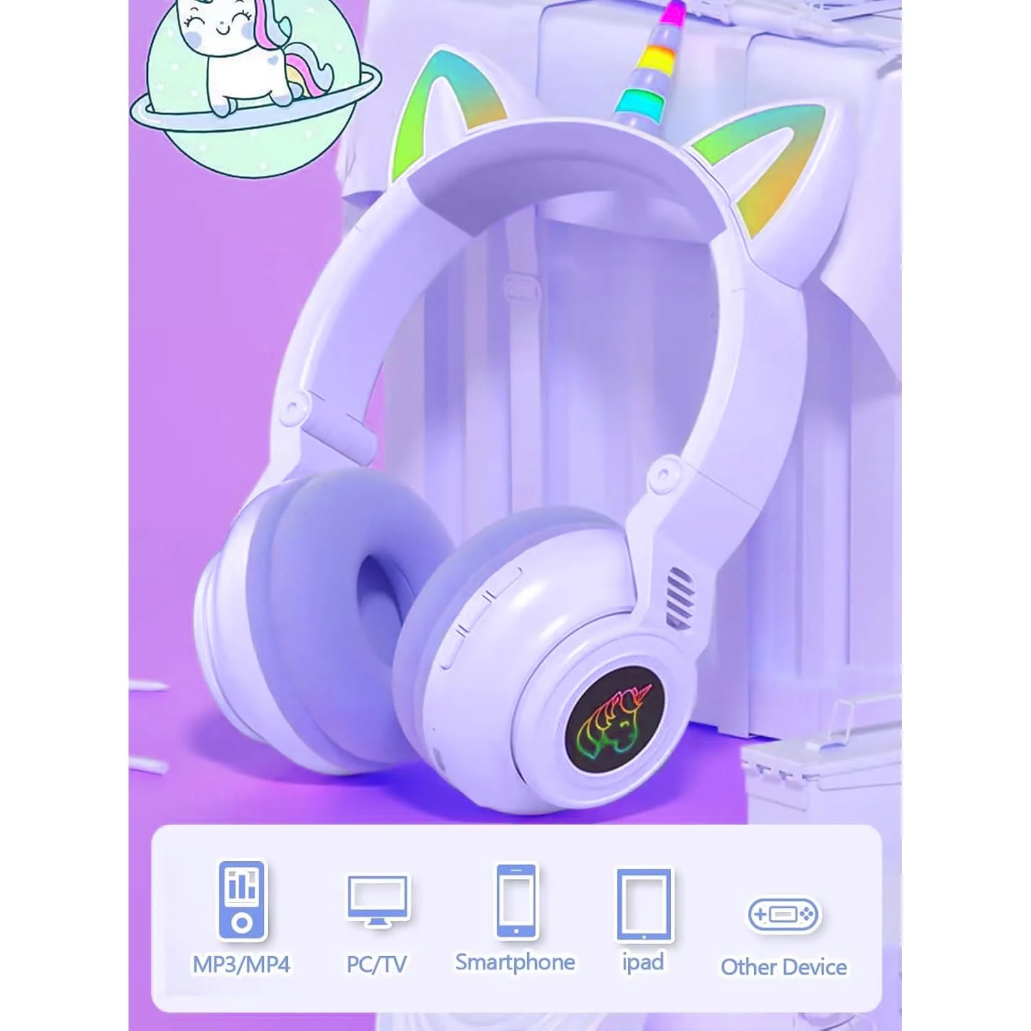 Unicorn Kids' Bluetooth Headphones,Foldable Wireless Headphones for Children with Cable and Microphone Earphones Volume Control,Unicorn-Inspired Gift Design for Birthday Gift & Christmas (purple) - Image 5