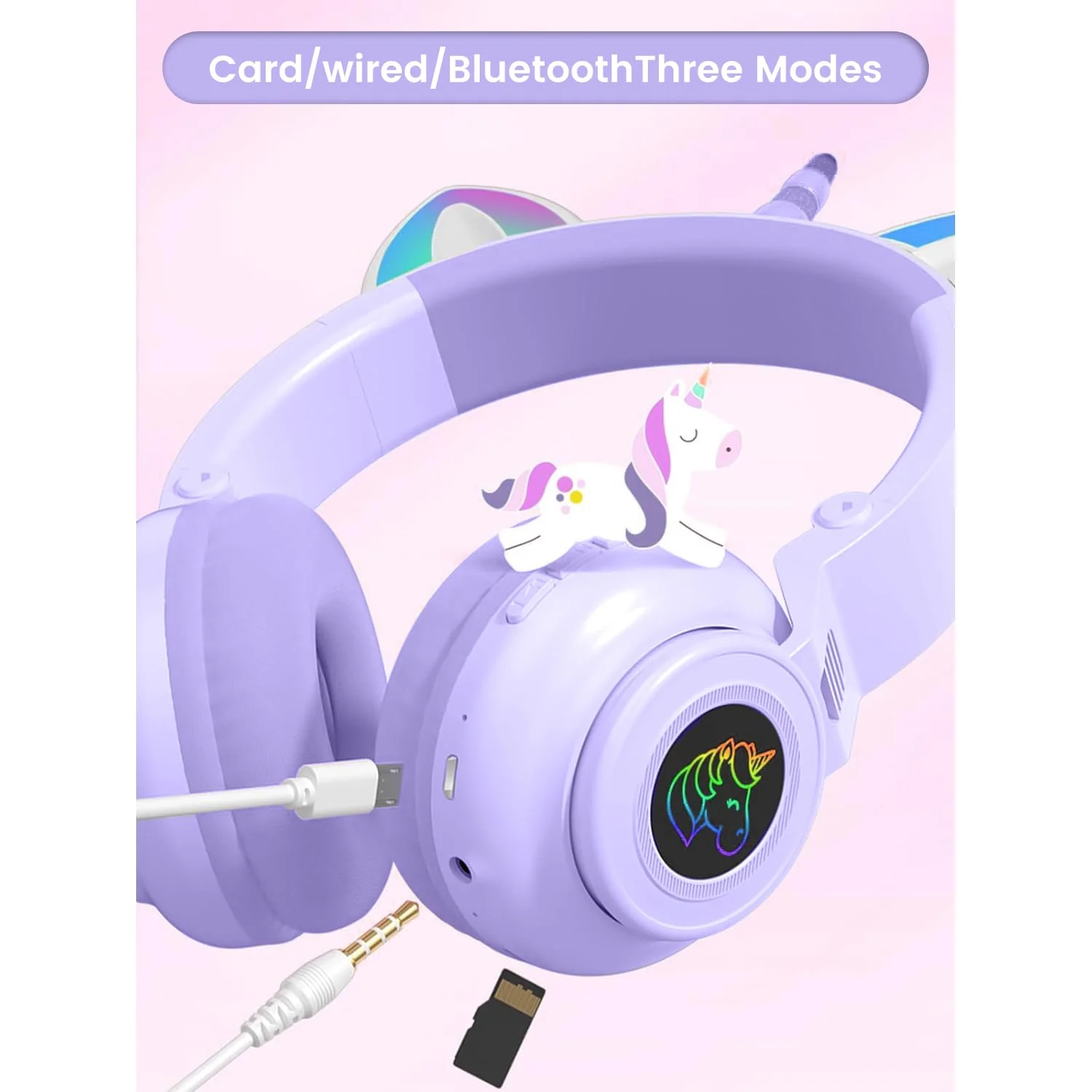 Unicorn Kids' Bluetooth Headphones,Foldable Wireless Headphones for Children with Cable and Microphone Earphones Volume Control,Unicorn-Inspired Gift Design for Birthday Gift & Christmas (purple) - Image 7