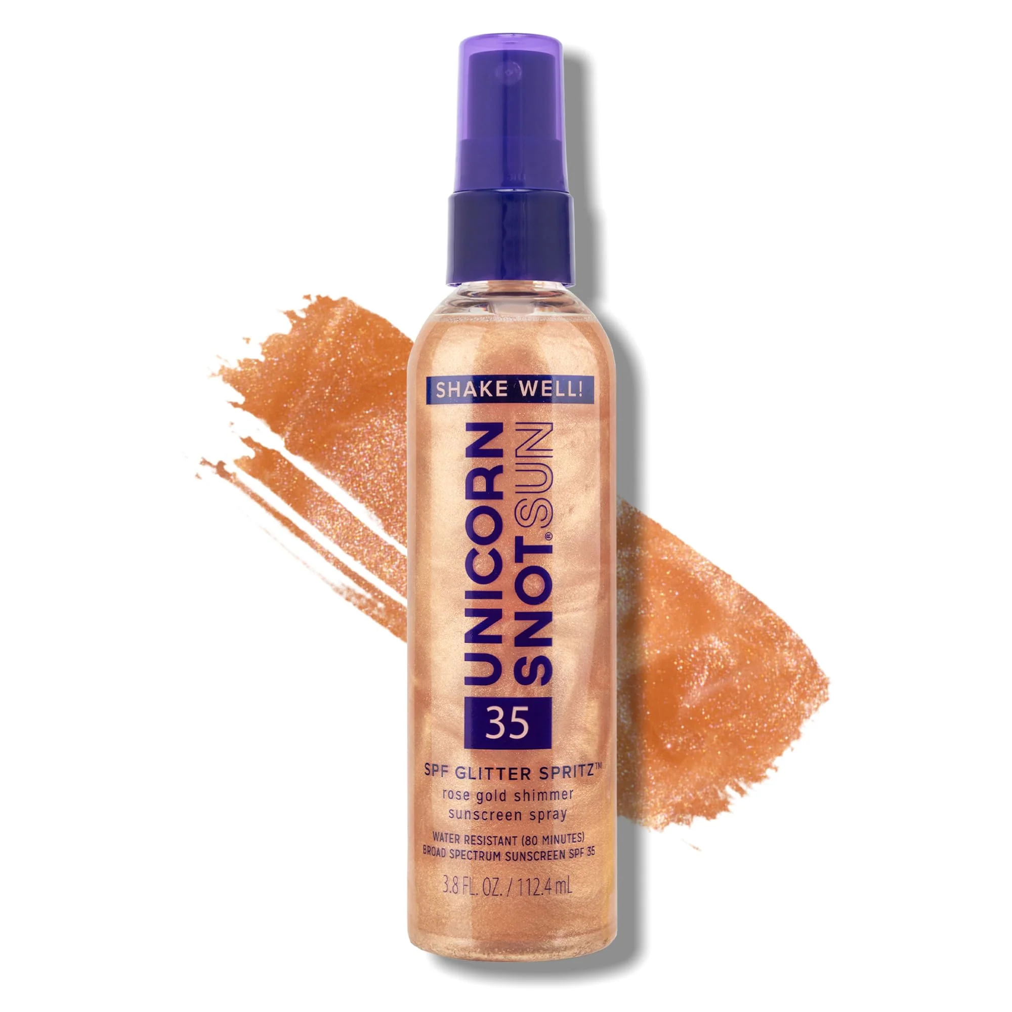 Unicorn Snot Glitter Sunscreen Spritz - SPF 35 Shimmering, Lightweight Spray Sunscreen for Face & Body Glow - UVA/UVB Protection - Water Resistant, Unscented - Made in USA -Rose Gold Shimmer