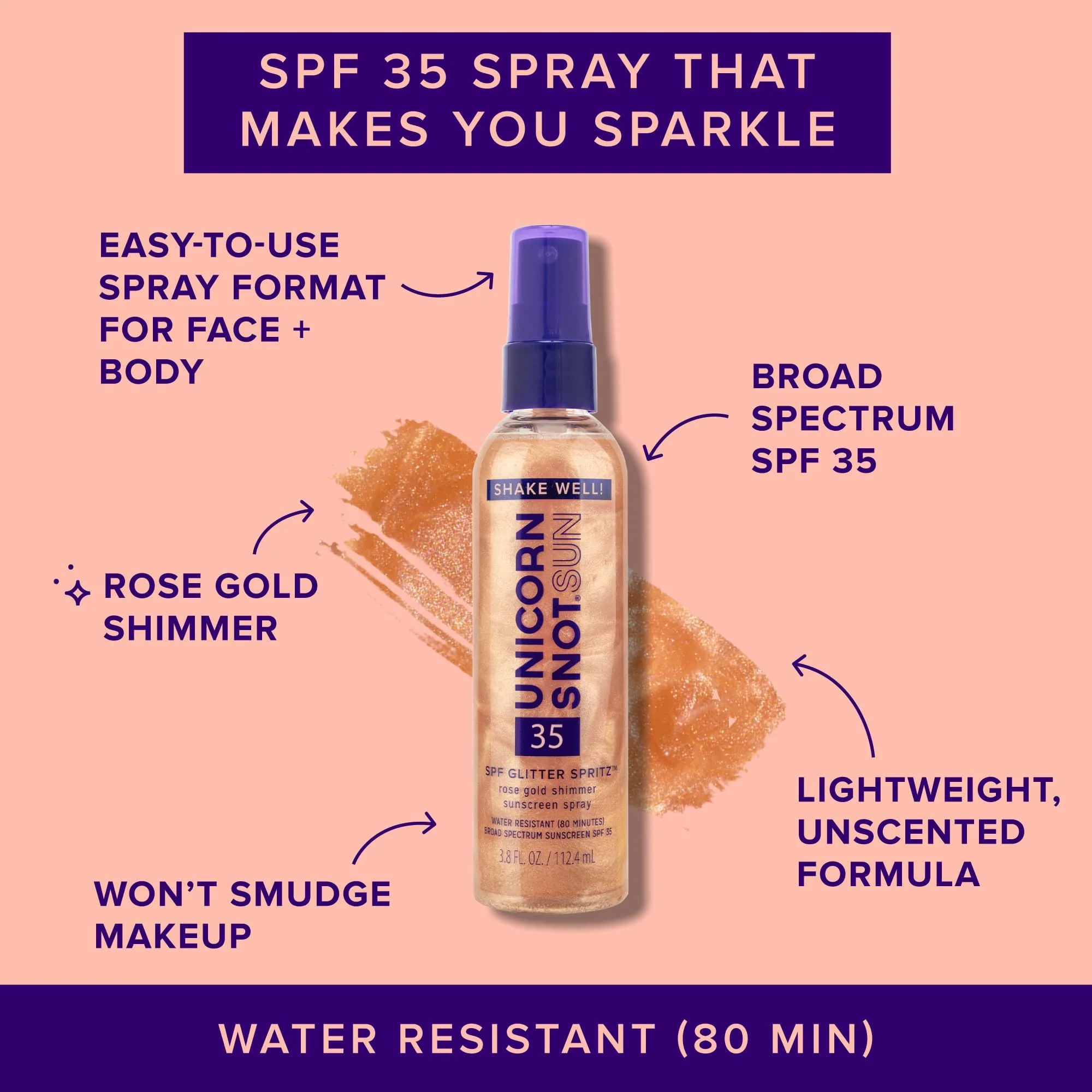 Unicorn Snot Glitter Sunscreen Spritz - SPF 35 Shimmering, Lightweight Spray Sunscreen for Face & Body Glow - UVA/UVB Protection - Water Resistant, Unscented - Made in USA -Rose Gold Shimmer - Image 7