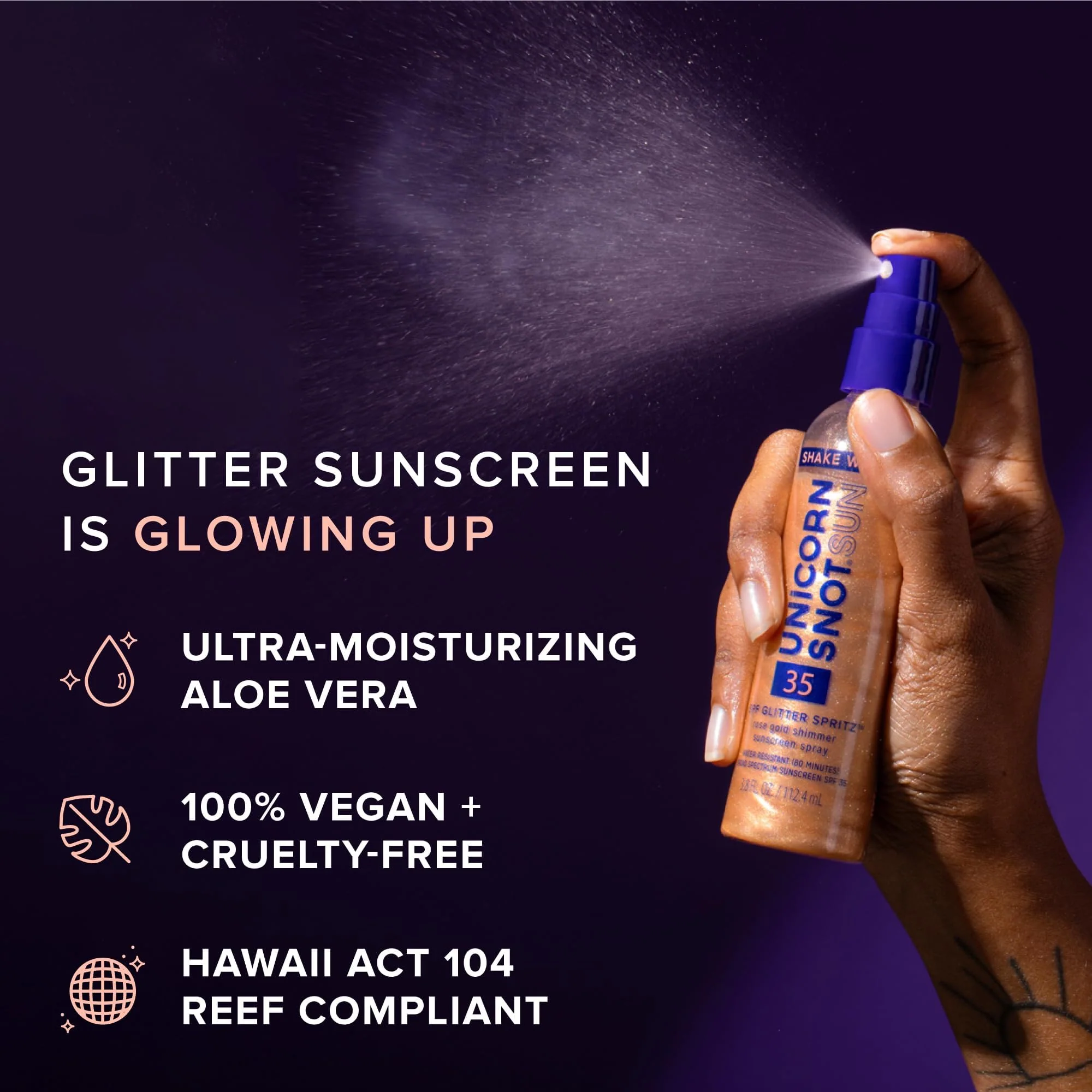 Unicorn Snot Glitter Sunscreen Spritz - SPF 35 Shimmering, Lightweight Spray Sunscreen for Face & Body Glow - UVA/UVB Protection - Water Resistant, Unscented - Made in USA -Rose Gold Shimmer - Image 8