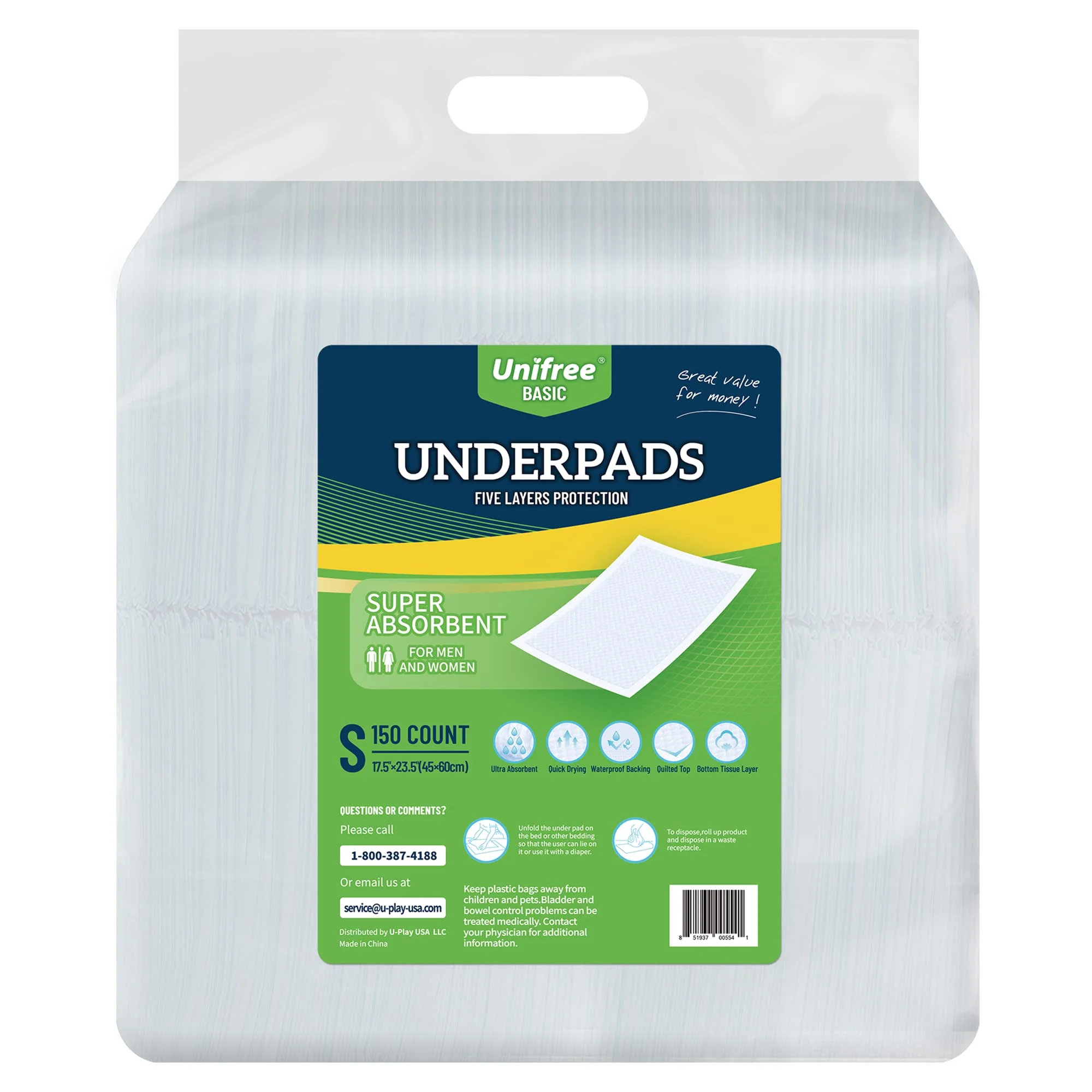 Unifree Disposable Underpad, Bed Pads, Incontinence Pad, Super Absorbent, 100 Count, Blue (M 24x24 Inch)