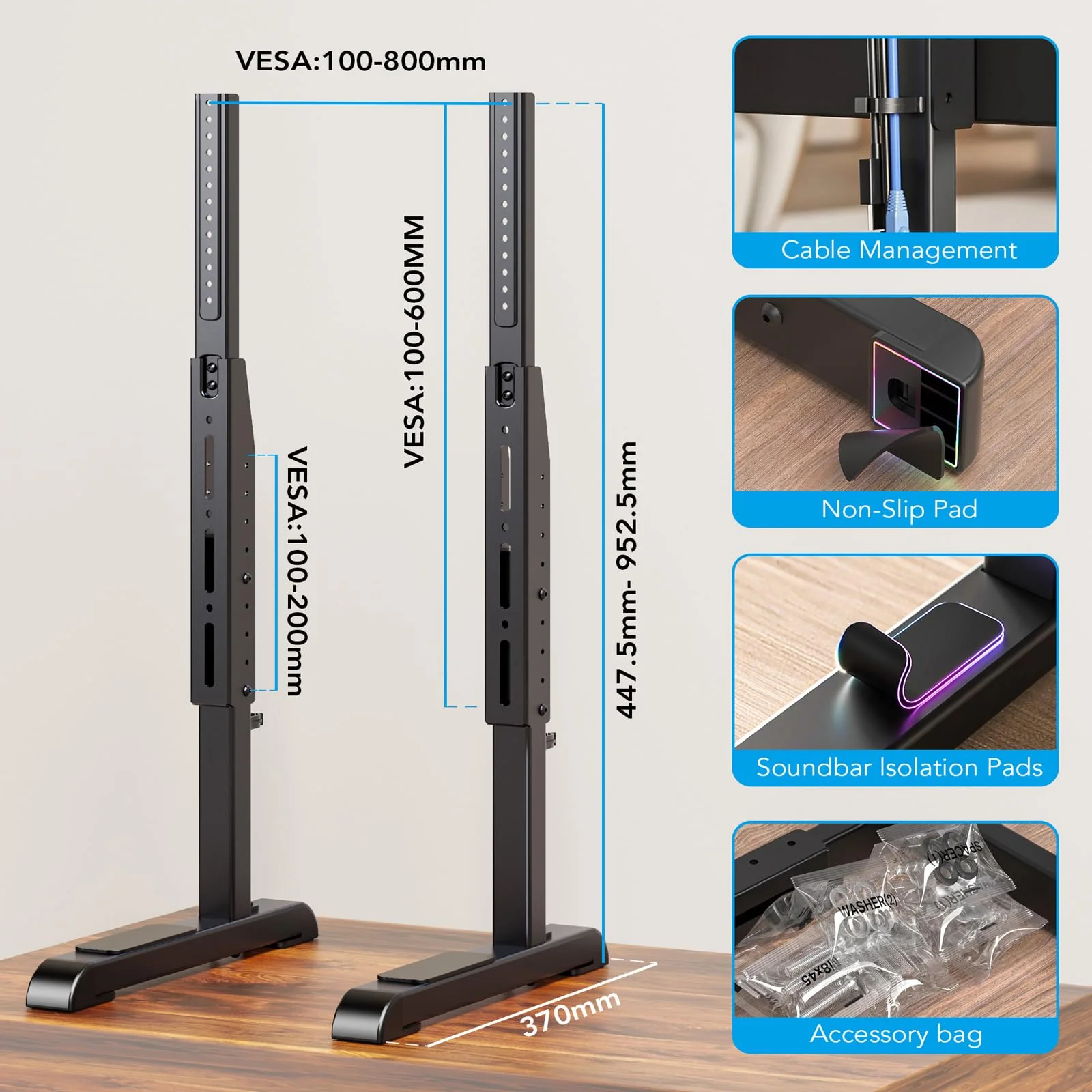 Universal Table Top TV Stand Base Replacement for Most 24 to 86 Inch LCD LED TVs, 7 Height Adjustable TV Legs with Cable Management Hold up to 68kg, Max VESA 800x600mm, Black AX10TB01 - Image 5