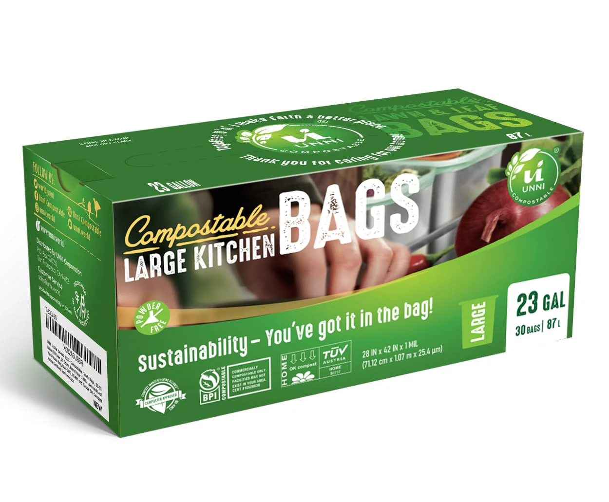 UNNI Compostable Trash Bags, 20-23 Gallon / 87 Liter, 60 Count Value Pack, Extra Thick 1.0 mil Large Bin Liners for Food Scrap, BPI, CMA & OK compost HOME Certified (Meets ASTM D6400) - Image 7