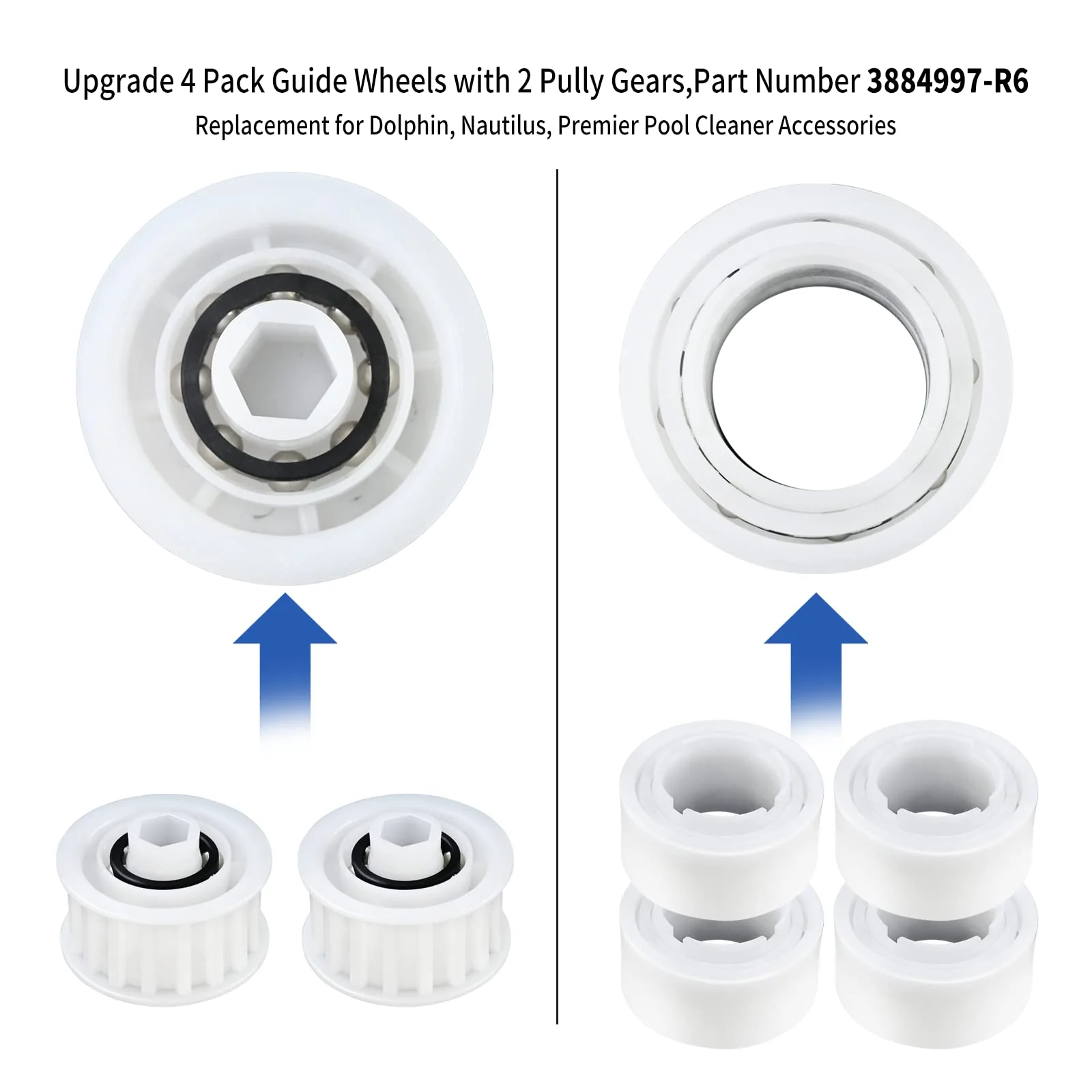Upgrade 4 Pack Guide Wheels with 2 Pulley Gears, Part Number 3884997-R6, Replacement Compatible with Maytronics Dolphin, Nautilus CC Plus Automatic Robotic Pool Cleaner M200/M400/M500 &Dx3/Dx4/Dx6 - Image 8
