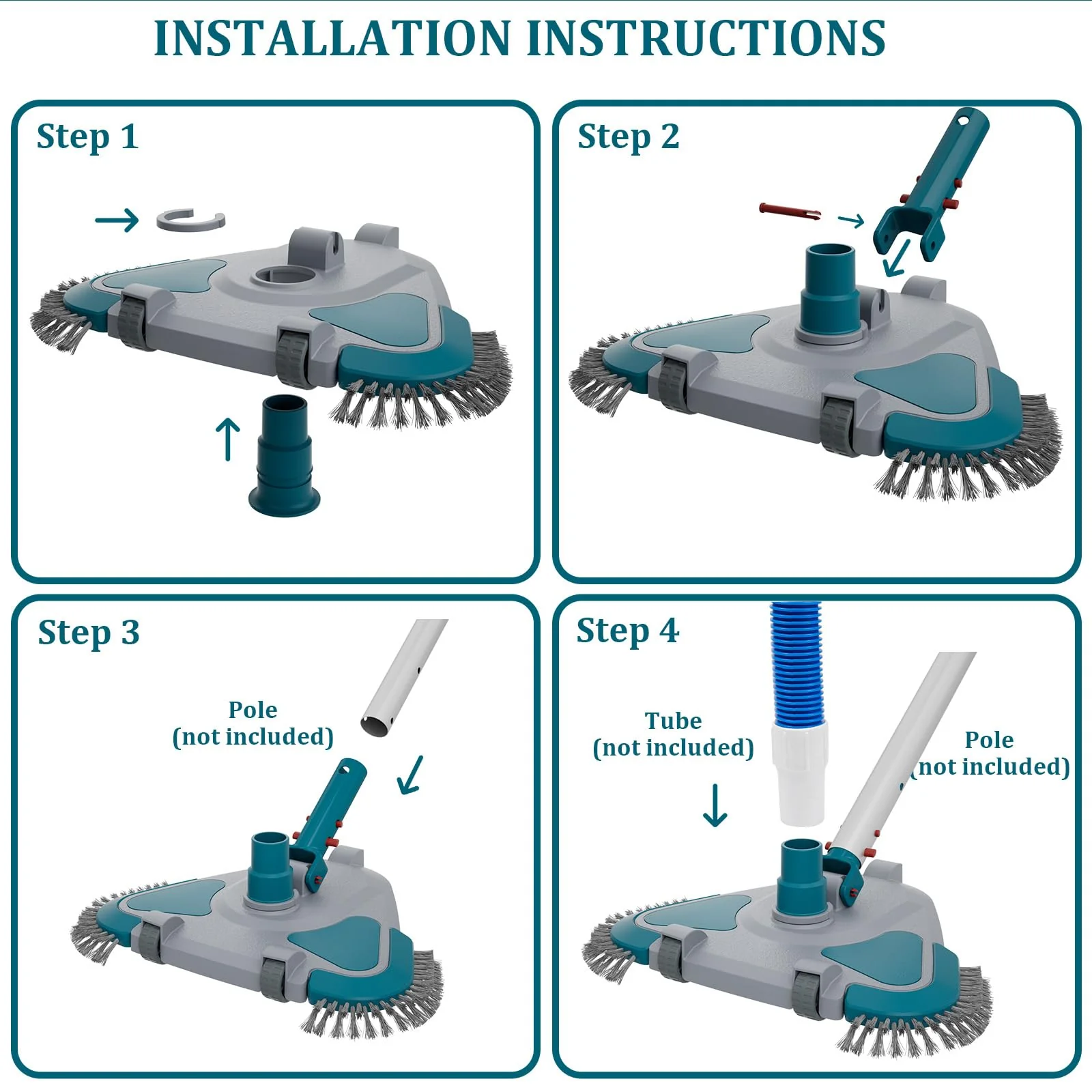 Upgrade Pro Weighted Triangular Pool Rotative Vacuum Head with Brush & EZ Clip Handle - for Cleaning Surface Safe on Vinyl Lined Pools - Image 5