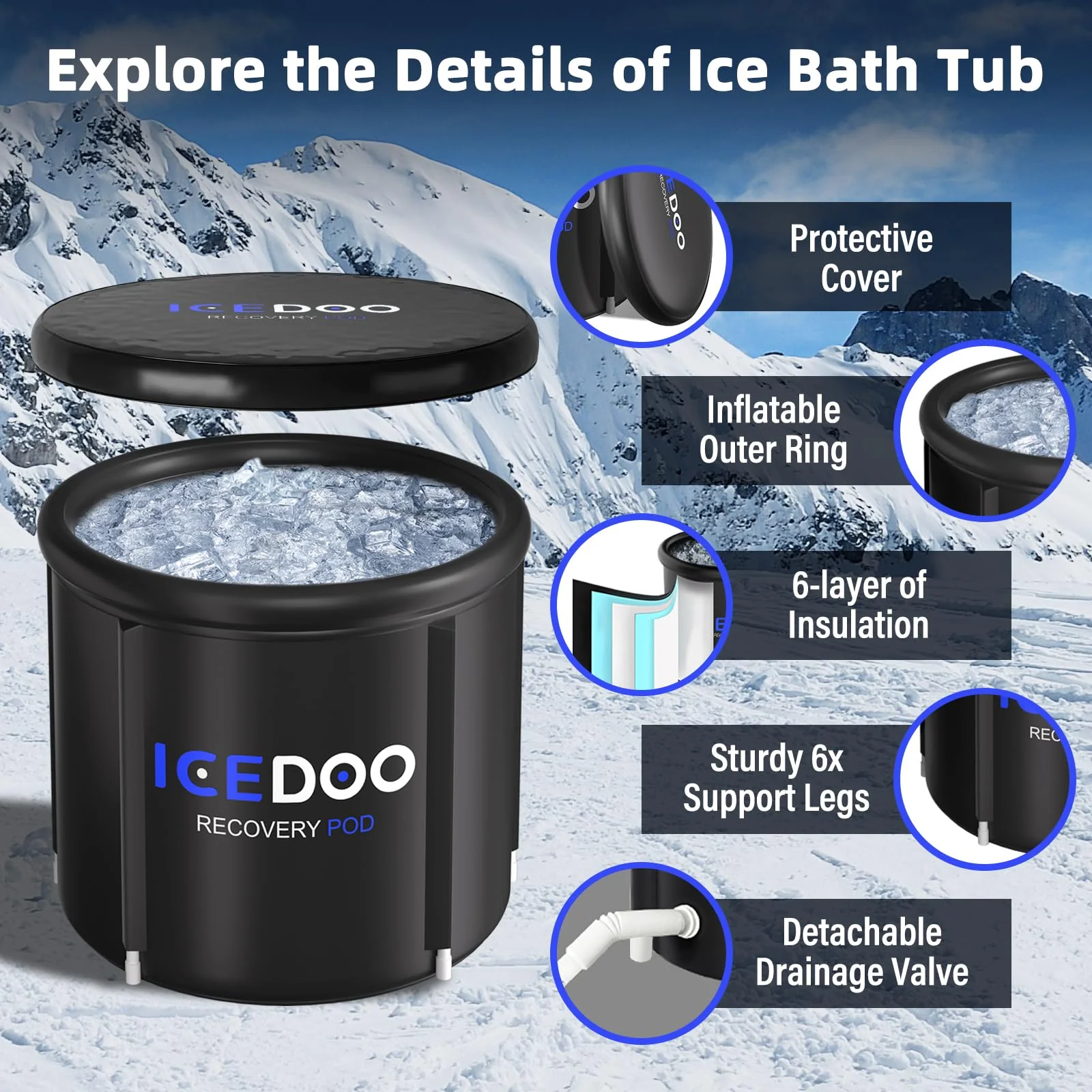 Upgrade XL Ice Bath Tub for Athletes, 119 Gallons Hot & Cold Plunge Tub with Cover for Recovery, Cold Water Therapy, Multiple Layered Portable Hot Tubs for for Home, Gym & Outdoor - Image 6