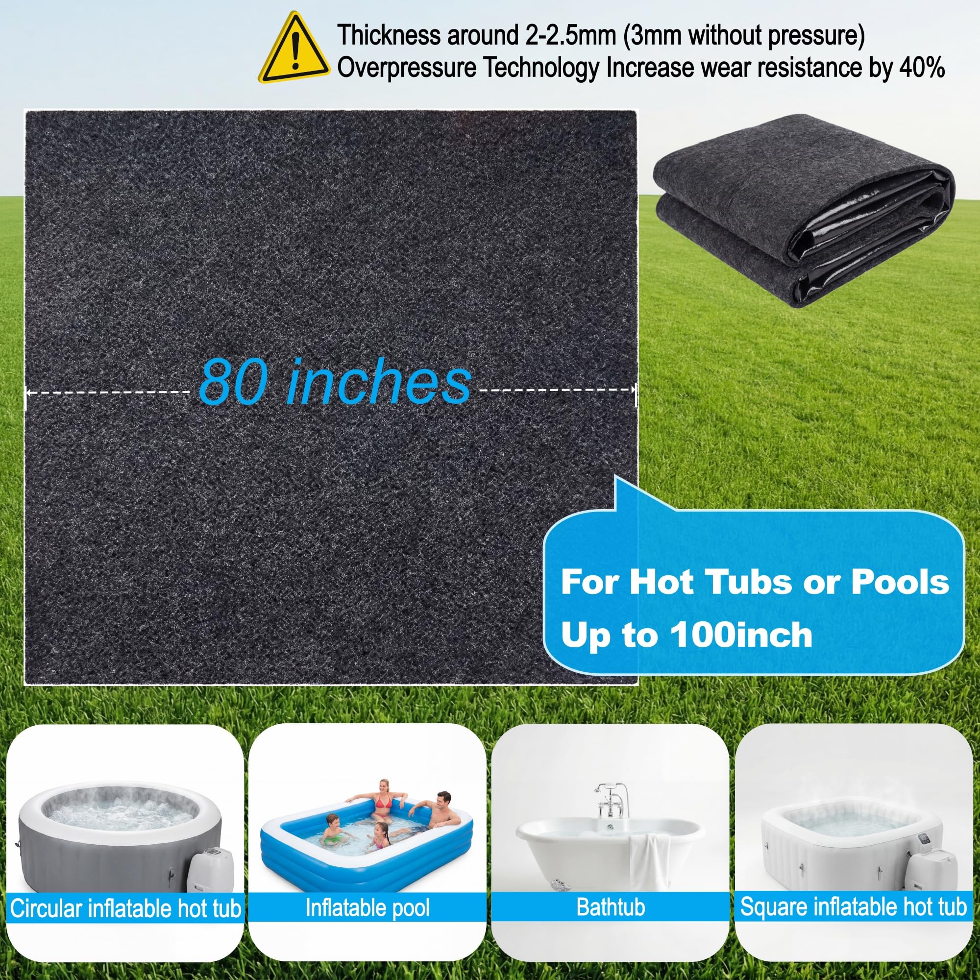 Upgraded 80 * 80inch Square Hot Tub Mat, Extra Large Inflatable Hot Tub Pad Outdoor Indoor, Waterproof Slip-Proof Backing, Absorbent Spa Pool Ground Base Flooring Protector Mat - Image 6