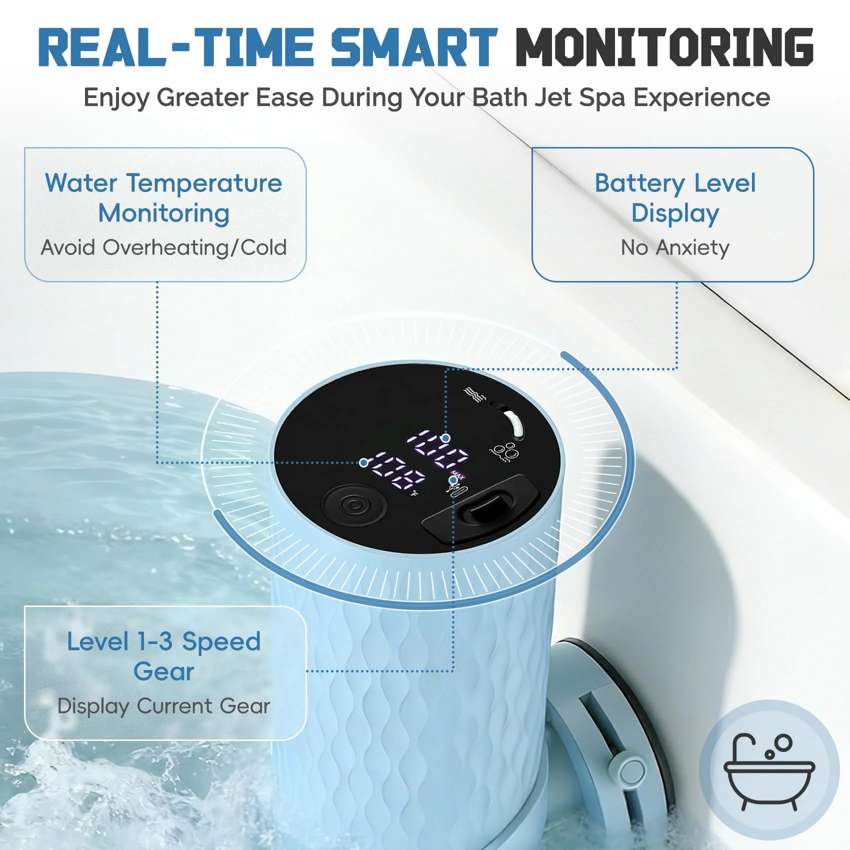 Upgraded Bath Jet SPA for Tub with Display Screen, Portable Handheld Bathtub Jet with Battery Level and Temperature Display, Bubble/Jet Two Mode, 8800mAh, IP67 Waterproof, 3 Adjustable Speeds - Image 7