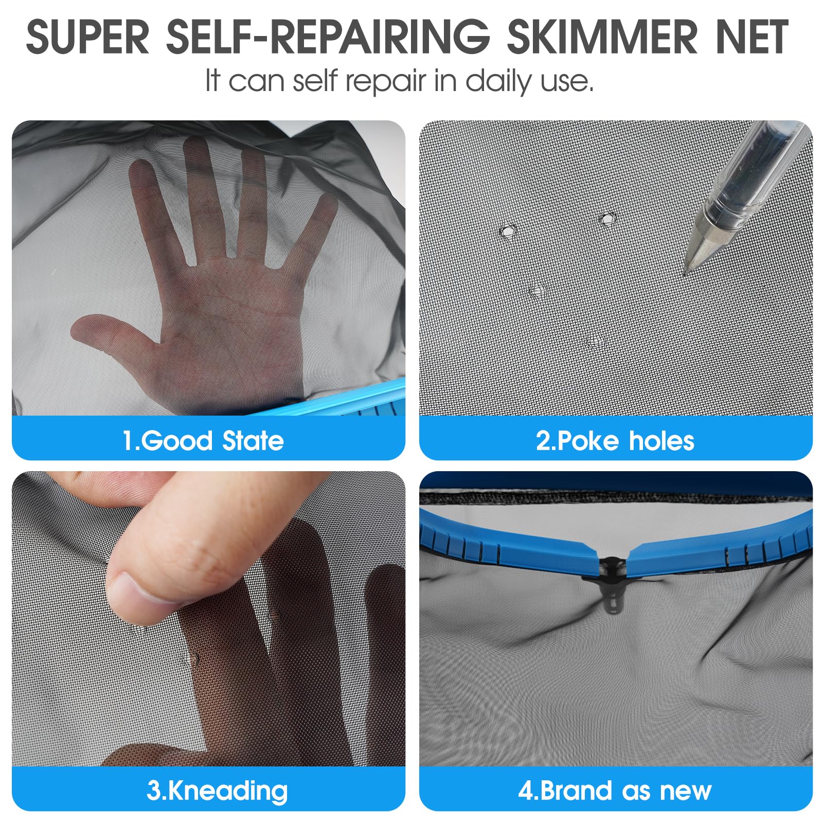 Upgraded Self-Repair Pool Net, Pool & Pond Cleaning Skimmer with Heavy Duty Nylon Net - Fine Mesh, Aluminum Frame, Deep Trash Bag for Above Ground & In-ground Pools, Leaf Skimmer Rake Net(No Pole) - Image 6