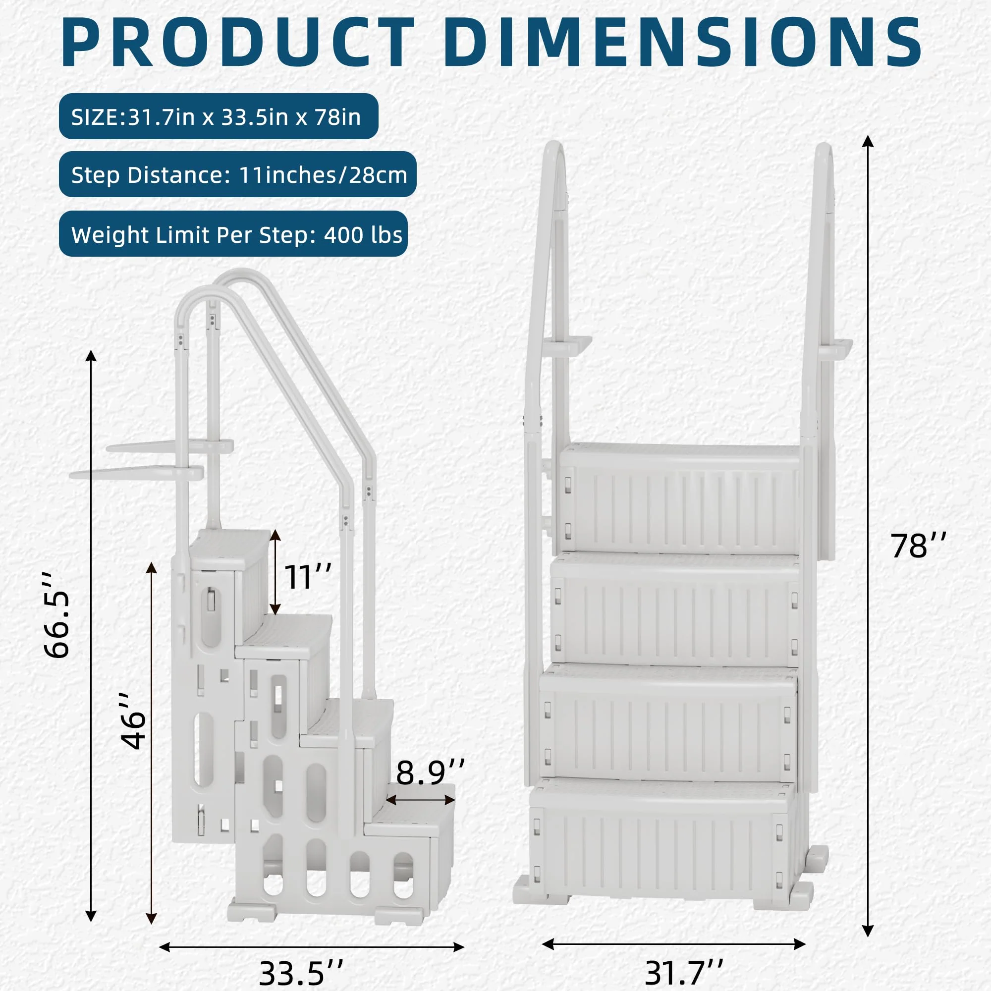 UPHYB Pool Ladder, 4-Step Pool Stairs with Double Handrails and Non-Slip Steps for 48-54” Above Ground and In-Ground Pools, White - Image 7